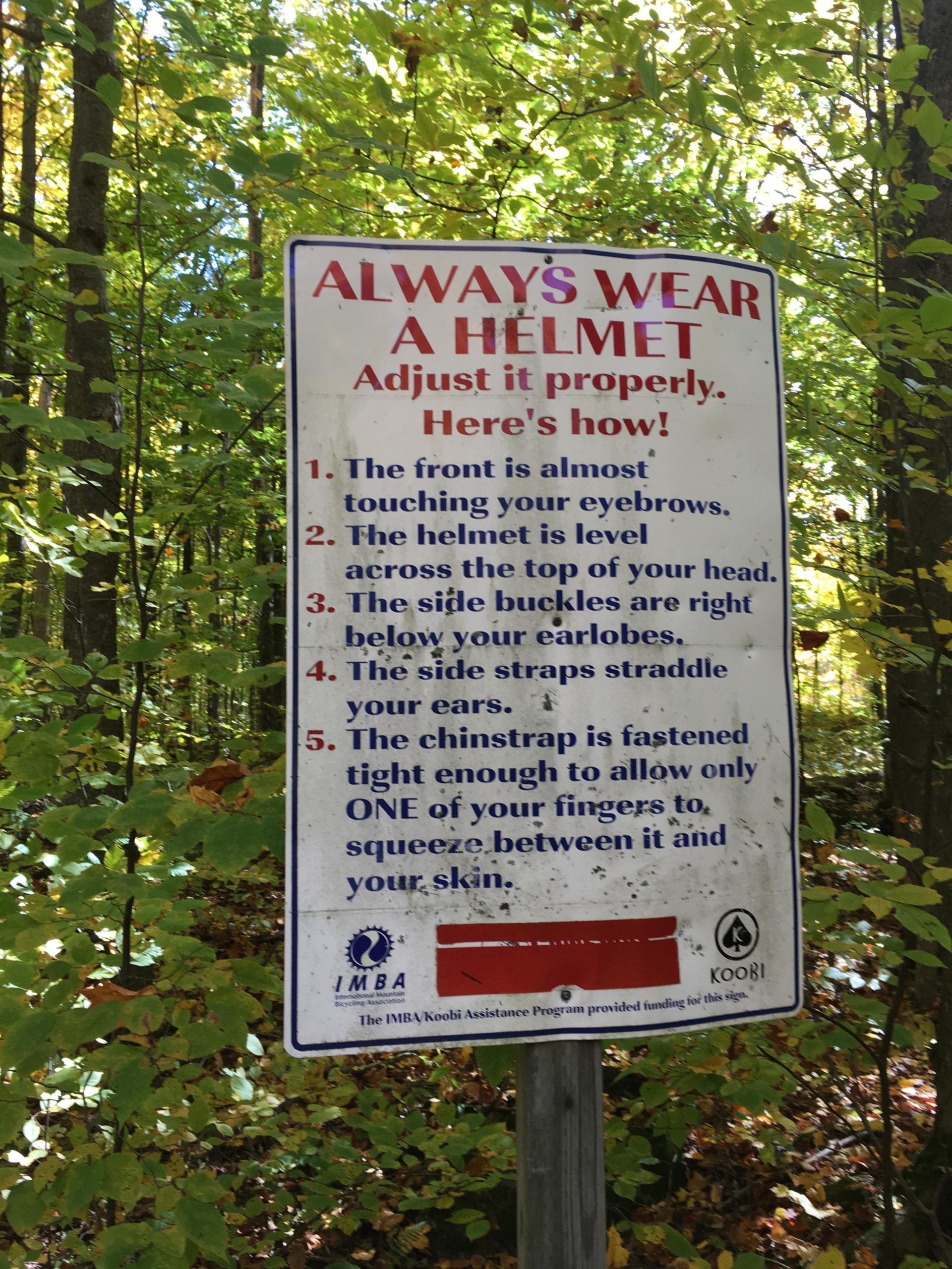 A sign in a wooded area instructing on proper helmet fitting, featuring five detailed guidelines. The text emphasizes the importance of wearing a helmet, with tips that include positioning relative to the eyes and ears, and how to adjust the chinstrap. Surrounding the sign, there are green leaves and trees, indicating a natural setting. Charlottenburg Forest mountain bike trail.