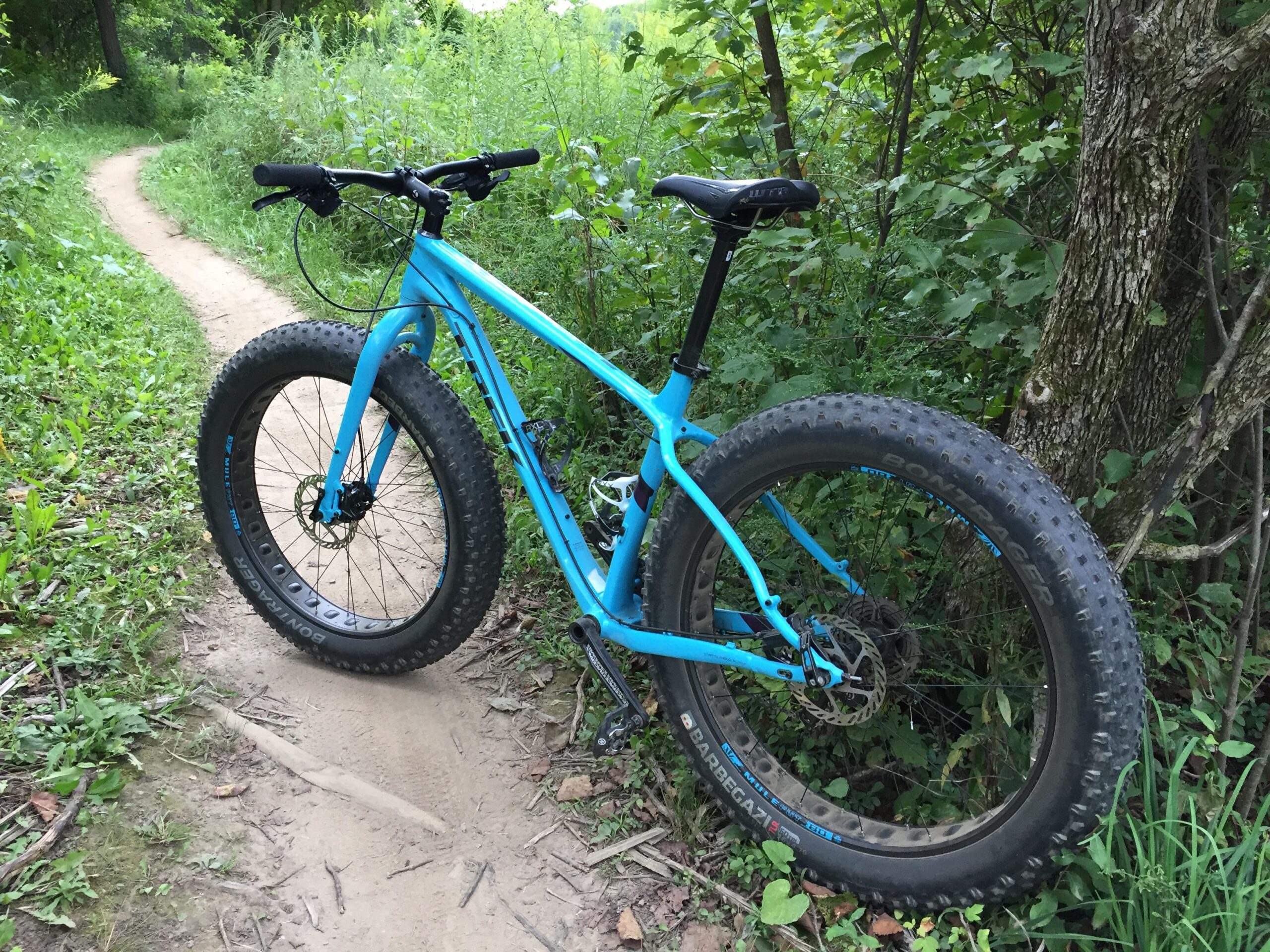 Trek farley 5: A blue fat tire bike resting alongside a dirt path surrounded by greenery and trees. The bike features large, rugged tires suitable for off-road terrain.