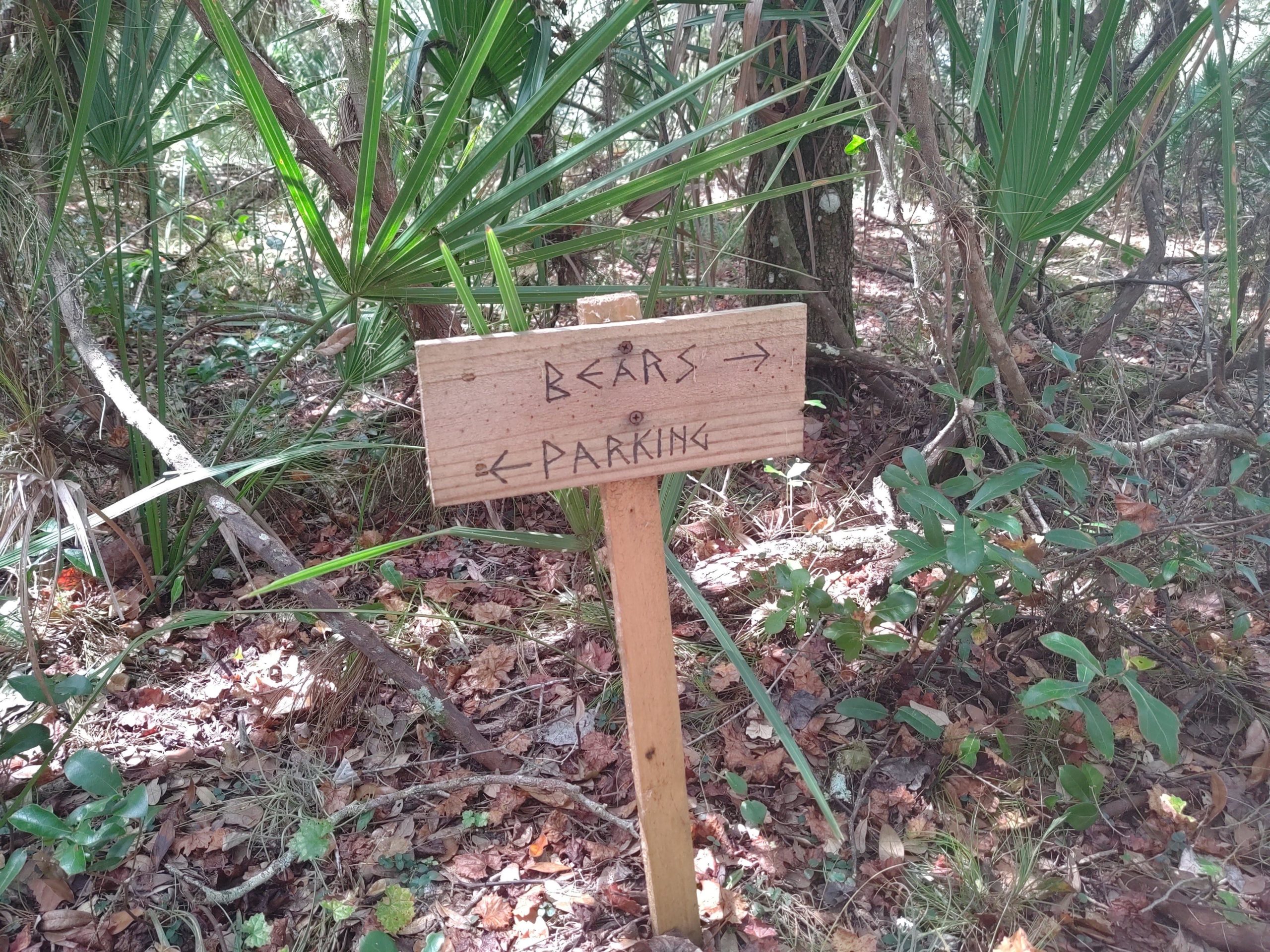 Signpost indicating directions to "Bears" and "Parking" surrounded by dense greenery and foliage. North Port Mountain Bike Trails mountain bike trail.