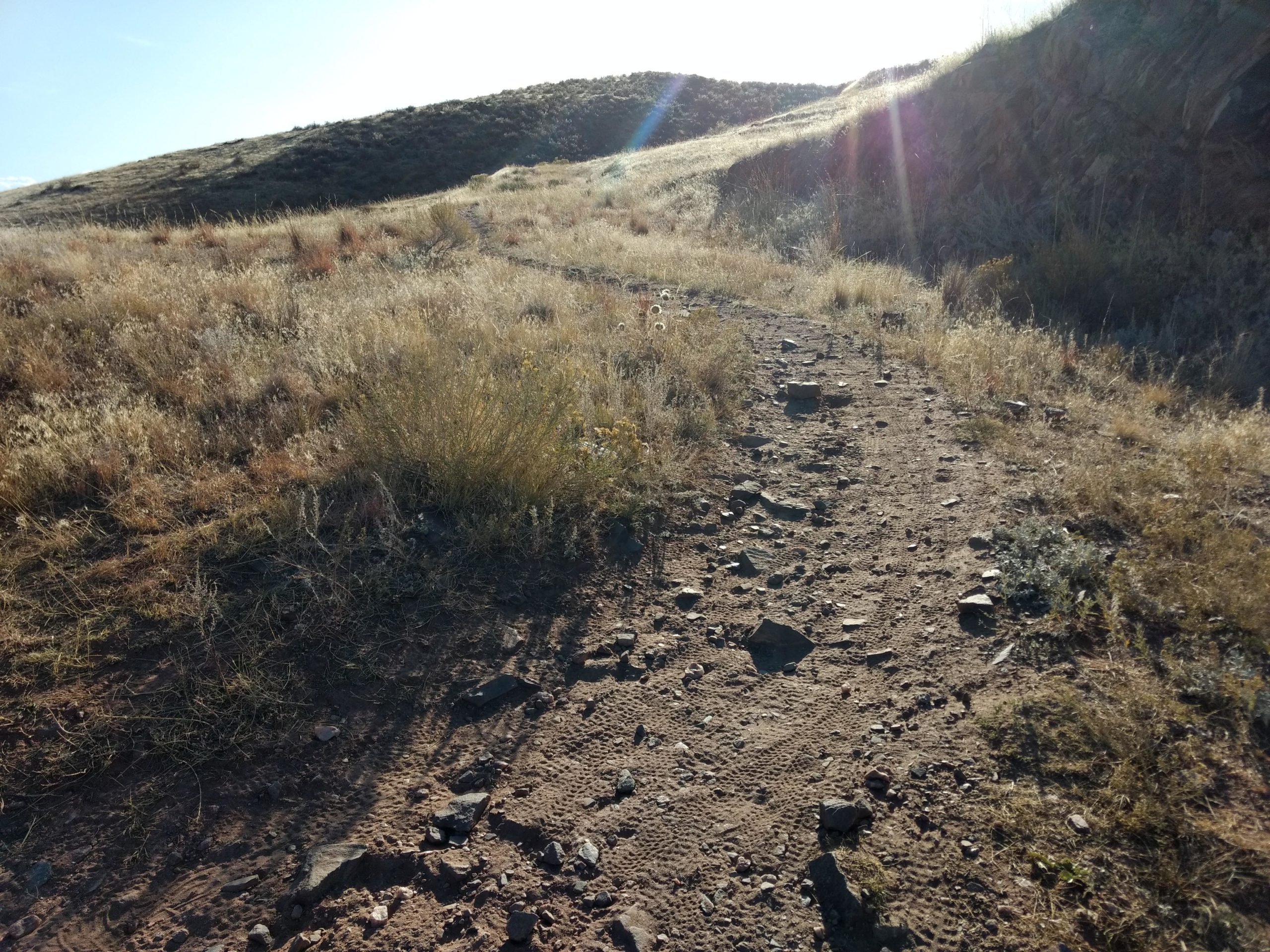 A dirt trail winding through a grassy area, surrounded by hills. The path is rocky, with patches of vegetation and sunlight filtering through, creating a warm glow on the landscape. Indian Summer mountain bike trail.