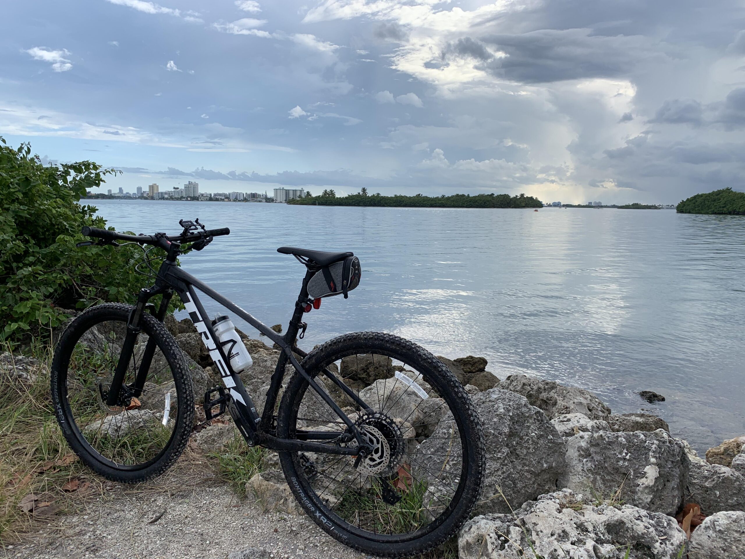 Trek Xcaliber 8: A black mountain bike stands on rocky terrain beside a calm body of water, with city buildings in the background under a cloudy sky.