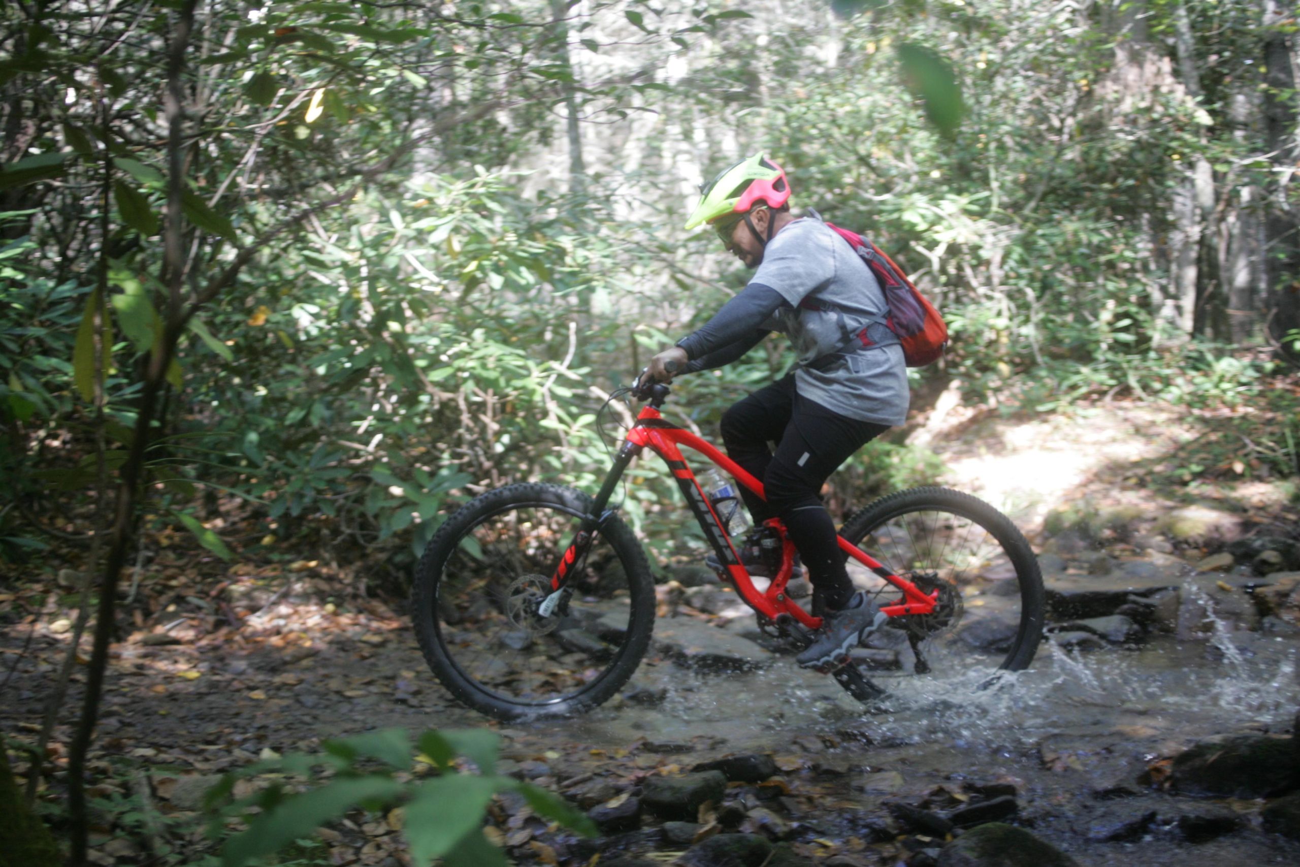 A person rides a red mountain bike through a shallow stream in a lush, green forest, with sunlight filtering through the trees. The rider is wearing a helmet and a gray shirt, and is surrounded by dense foliage and rocky terrain. Water splashes around the bike wheels as they navigate the path. Bent Creek mountain bike trail.