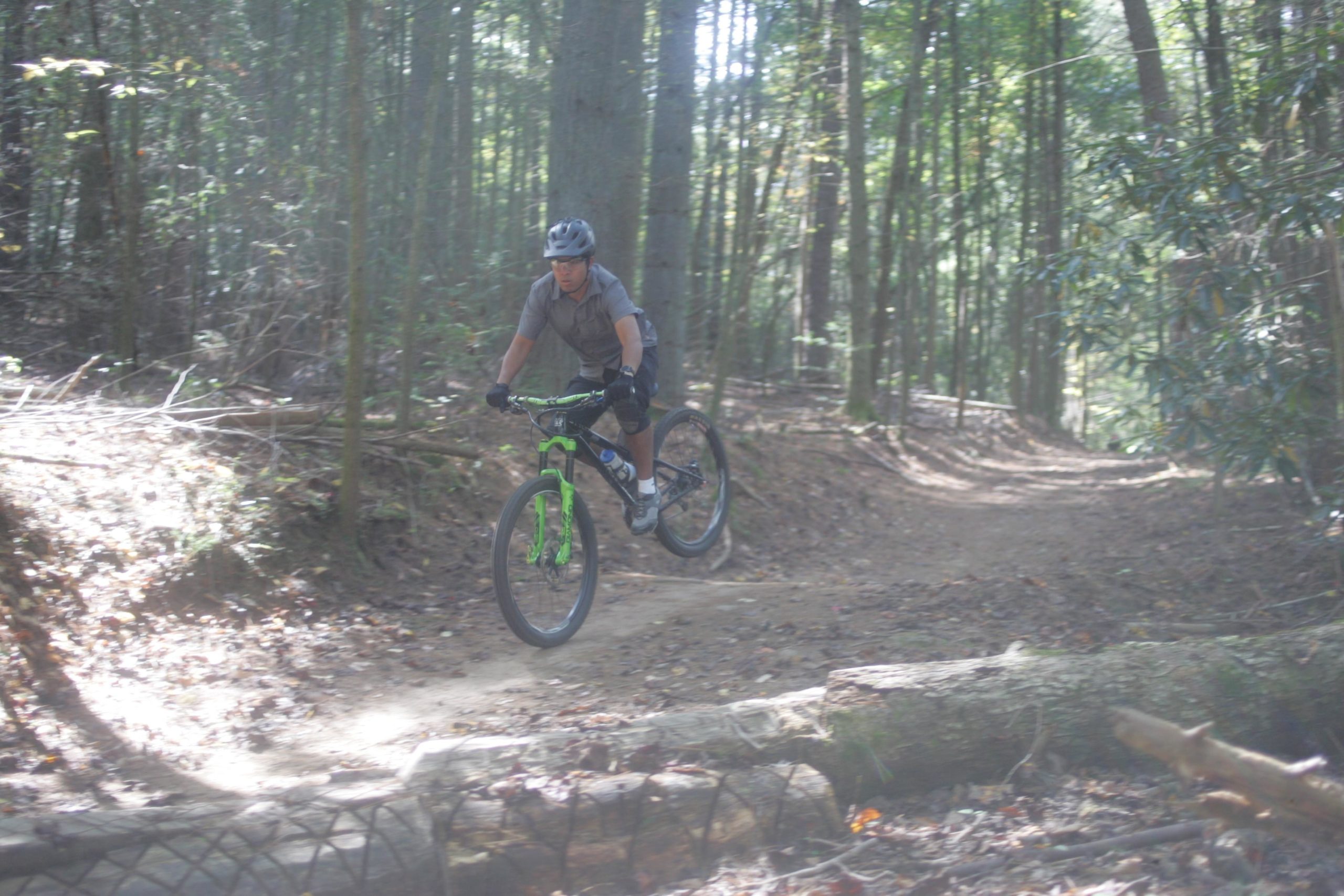 A mountain biker jumping over a log on a dirt trail in a forested area, surrounded by trees and dappled sunlight filtering through the leaves. Bent Creek mountain bike trail.