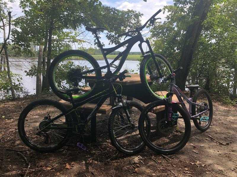 Three mountain bikes are propped up on a wooden picnic table by a serene lakeside surrounded by trees. The scene captures a peaceful outdoor setting with a clear blue sky and water in the background, suggesting a perfect spot for a biking adventure or a break in nature. The bluffs mountain bike trail.