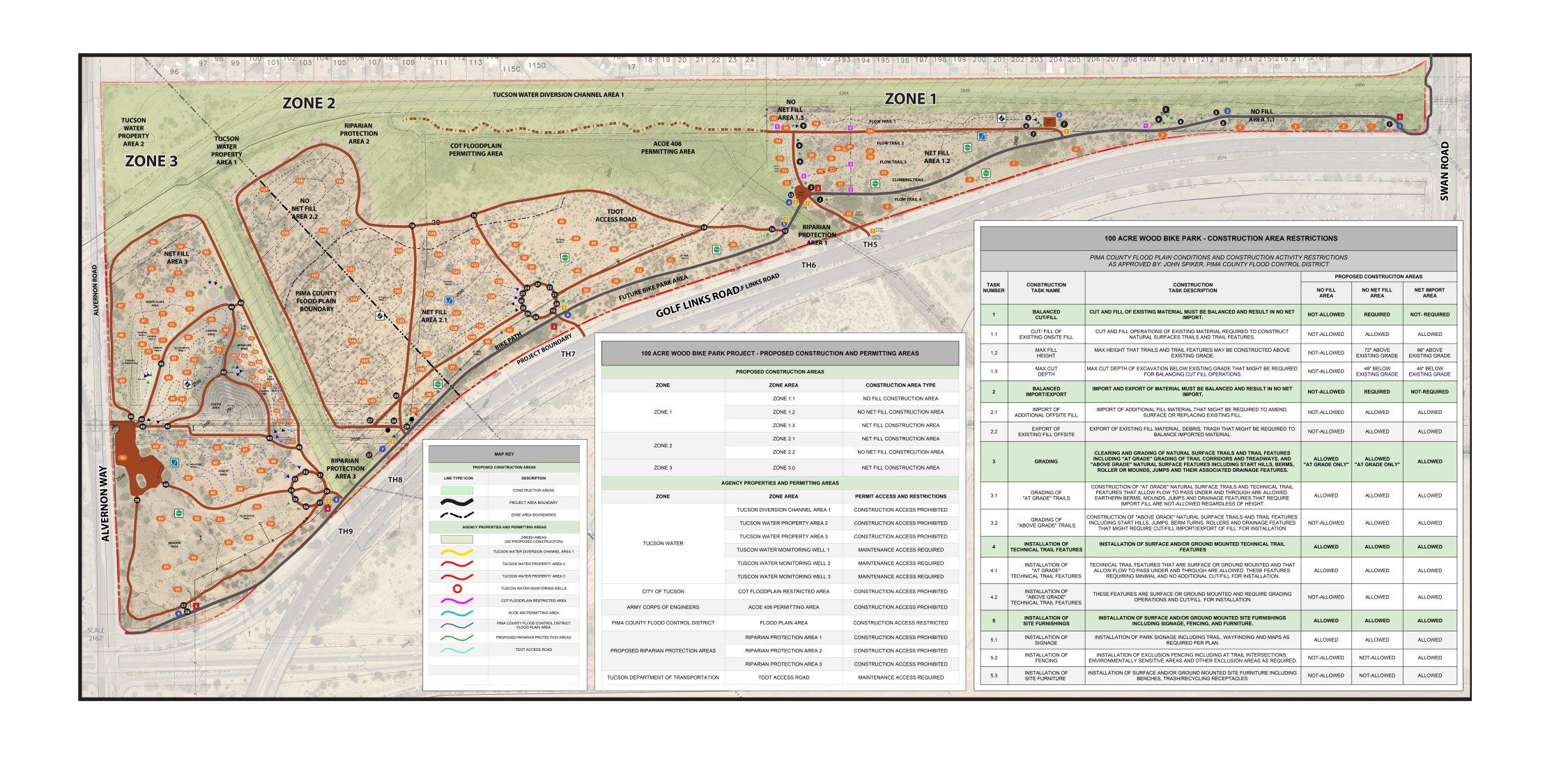 Detailed map of the proposed 100-acre Wood Bike Park project, showing designated zones (1, 2, and 3), construction area restrictions, floodplain conditions, and riparian protection areas. The map includes access points, permissible construction areas, and regulations for various tasks associated with the project. Key features and notes are indicated to guide the construction and permitting process. 100 Acre Wood Bike Park mountain bike trail.