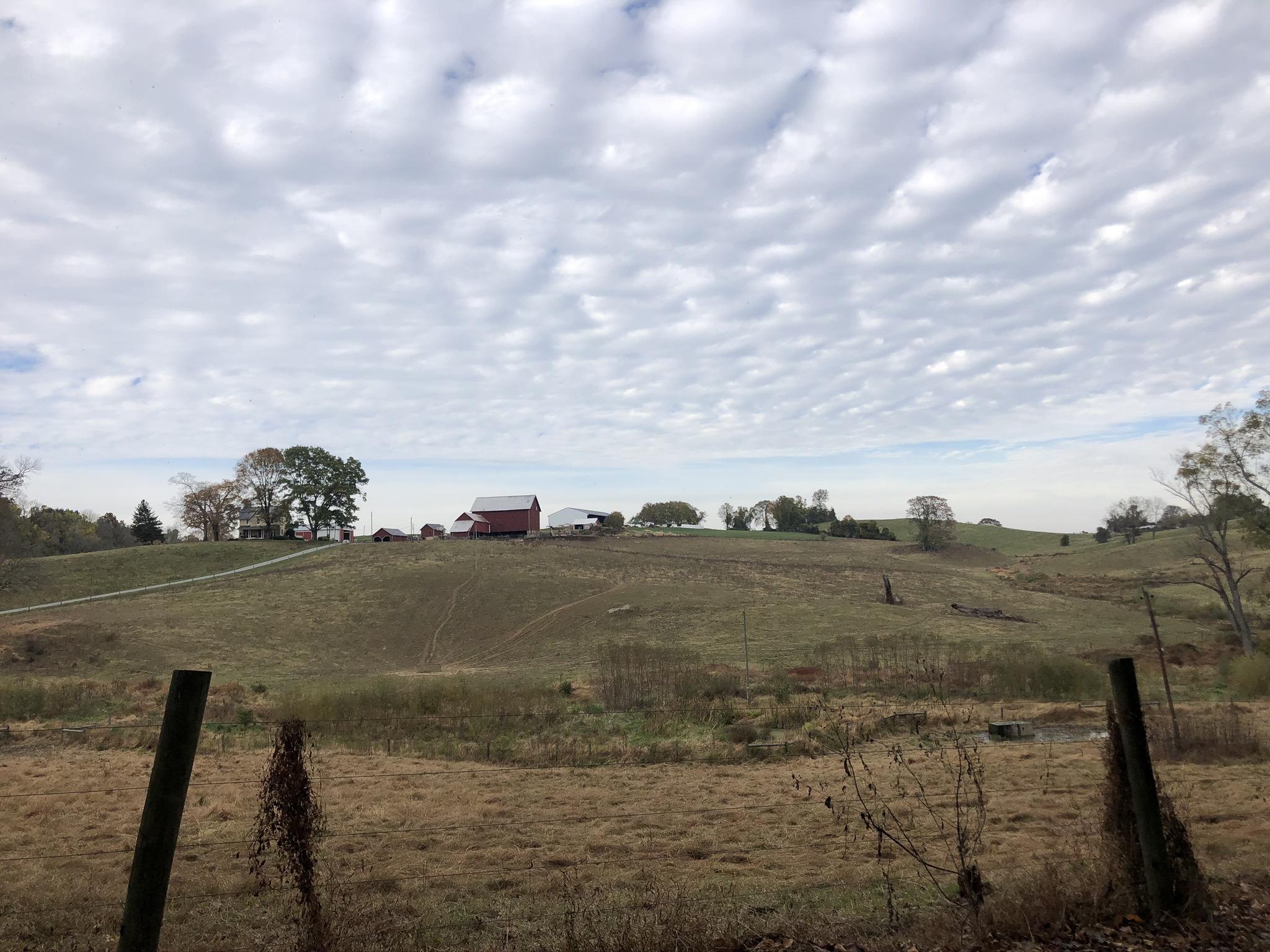 A scenic view of a rural landscape featuring rolling hills, a few farm buildings, and a cloudy sky. The foreground includes a grassy area with dry vegetation, while the background showcases a small grove of trees and a farmstead located on a hilltop. Susquehanna mountain bike trail.