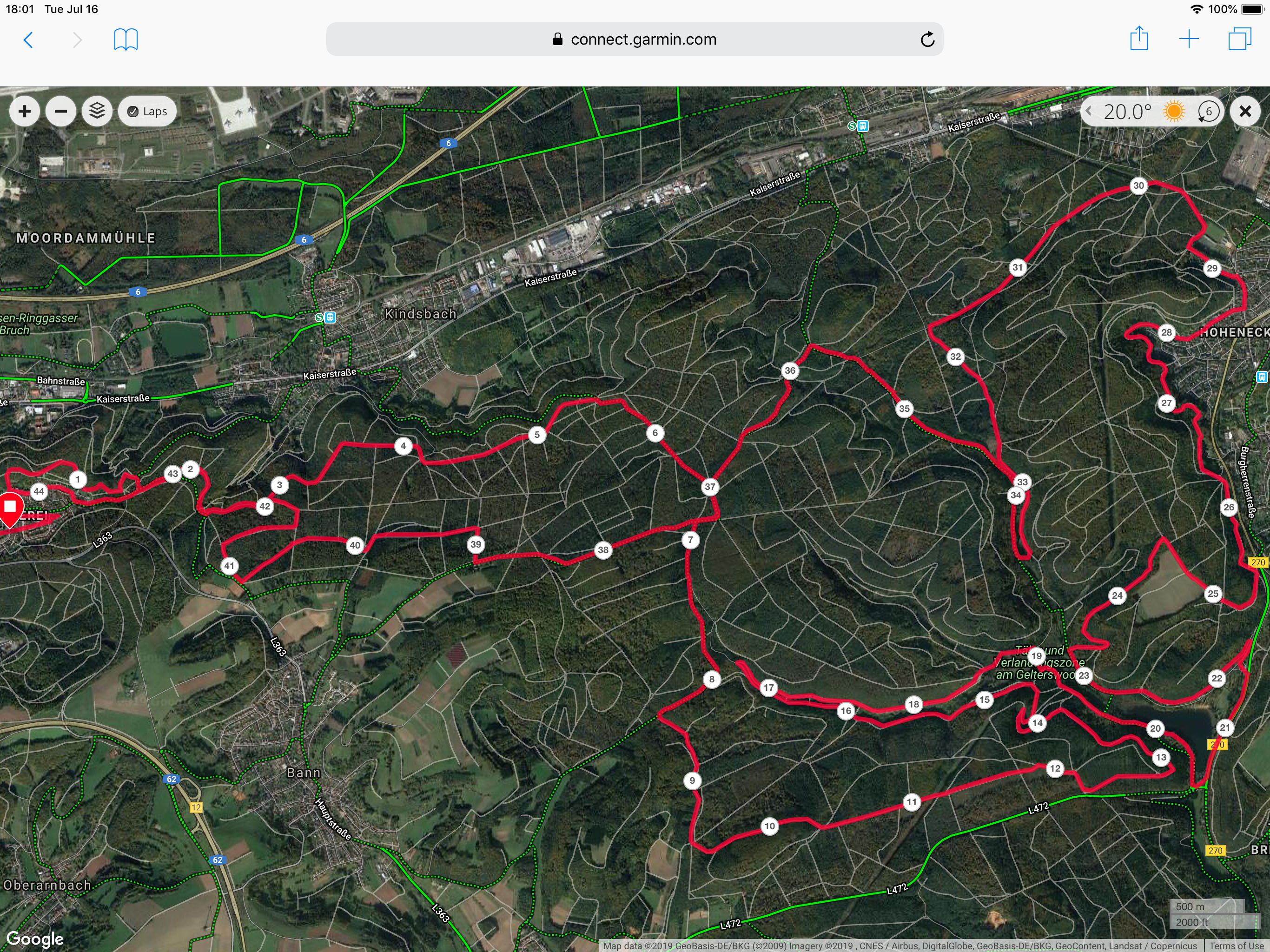 Map displaying a trail route in a forested area near Kindsbach and Bann, featuring a red path along with markers indicating points of interest or checkpoints. Green paths represent additional trails or paths in the surrounding area. The map includes geographical features like roads, towns, and forested landscapes. melkerei 45Km loop mountain bike trail.