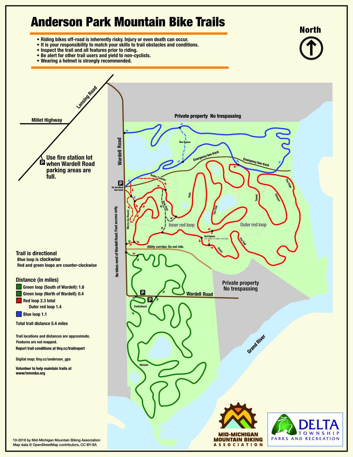 Map of Anderson Park Mountain Bike Trails, illustrating various bike loops in different colors (green, red, blue). Features include trail directions, distances for each loop, parking areas, and safety guidelines. Key locations such as roads and private property boundaries are also marked. Anderson Park mountain bike trail.