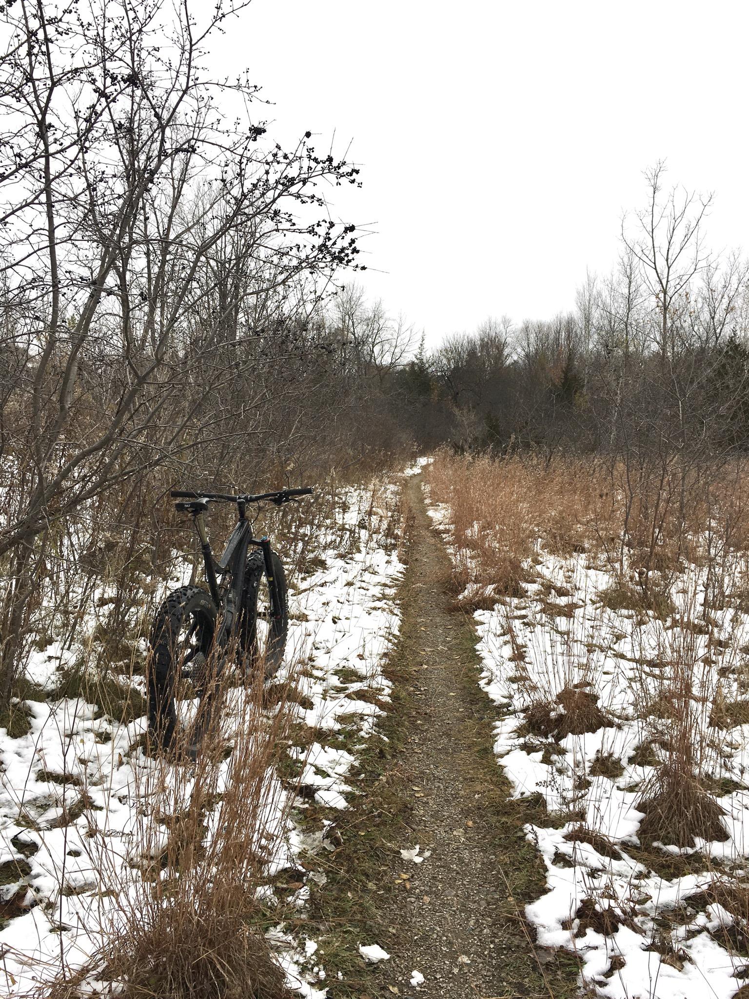 A black bicycle stands next to a narrow gravel path surrounded by sparse vegetation and remnants of snow. The scene is set in a wooded area under a cloudy sky, with bare trees and tall grass lining the trail. Western University trails mountain bike trail.