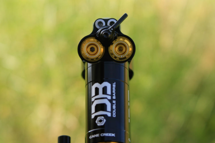 A close-up view of a bicycle shock absorber, featuring a black body with silver and gold accents. The top of the shock has two gold adjuster knobs and a black adjustment lever, with the text "DOUBLE BARREL" and "CANE CREEK" visible on the side. The background is softly blurred with a green hue, suggesting an outdoor setting.