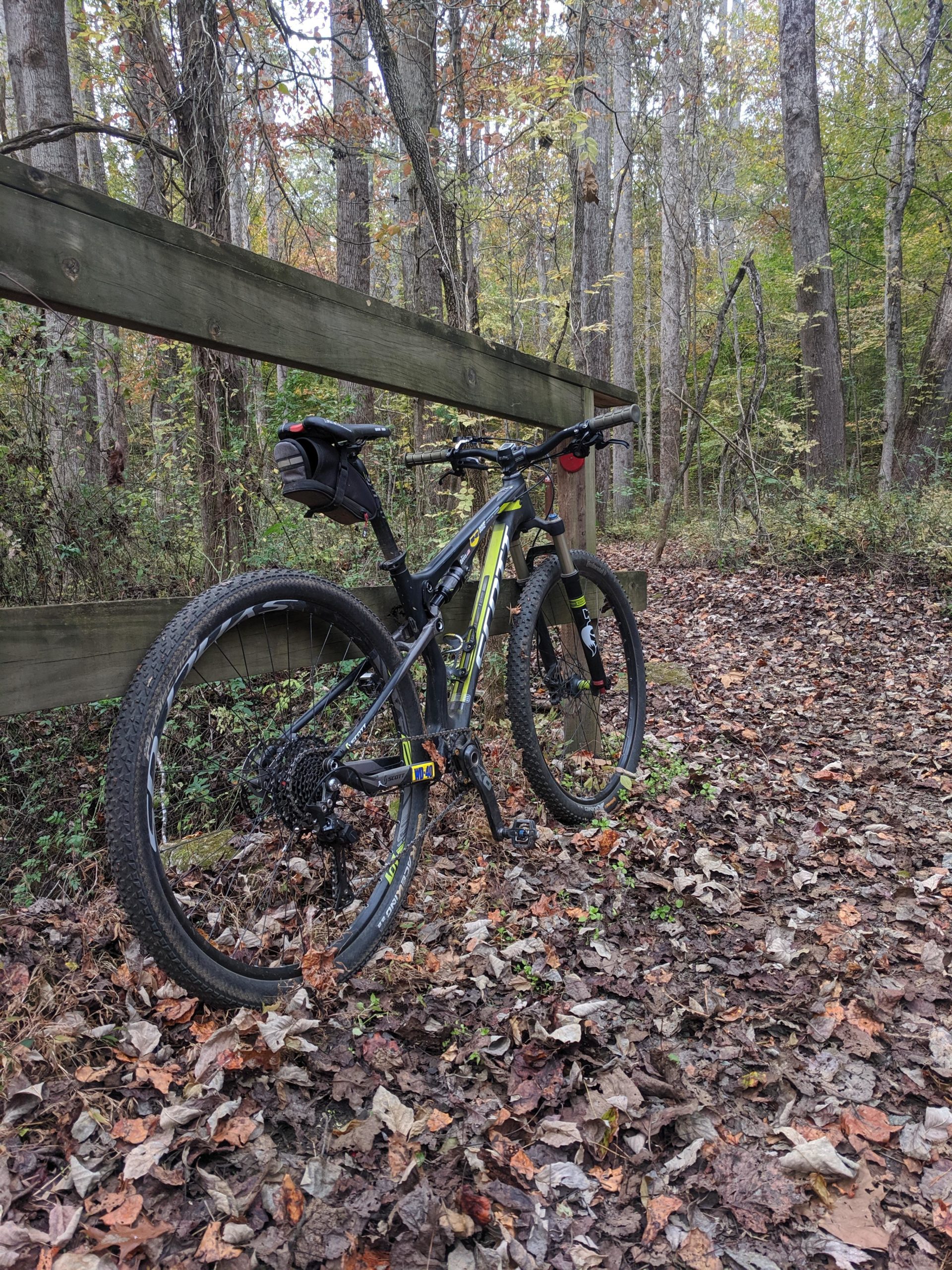 A mountain bike leaning against a wooden railing along a forest trail covered in fallen autumn leaves, with trees in various stages of fall foliage in the background. Horizons Park mountain bike trail.
