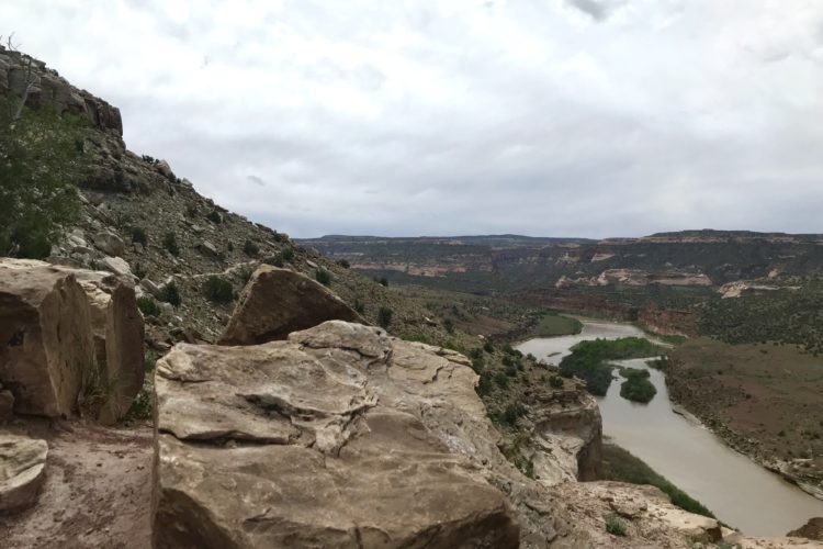 A scenic view of a river winding through rugged terrain, surrounded by rocky cliffs and sparse vegetation under a cloudy sky. The foreground features large boulders, while the background showcases layered hills and valleys.
