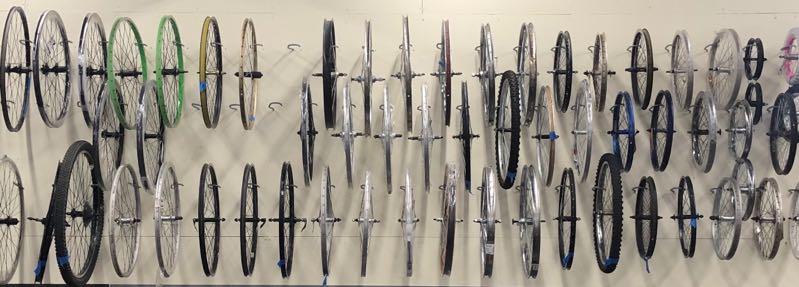 A wall display featuring a variety of bicycle wheels arranged in neat rows. The wheels differ in size, color, and style, including both mountain and road bike wheels. They are mounted on hooks against a neutral-colored background.