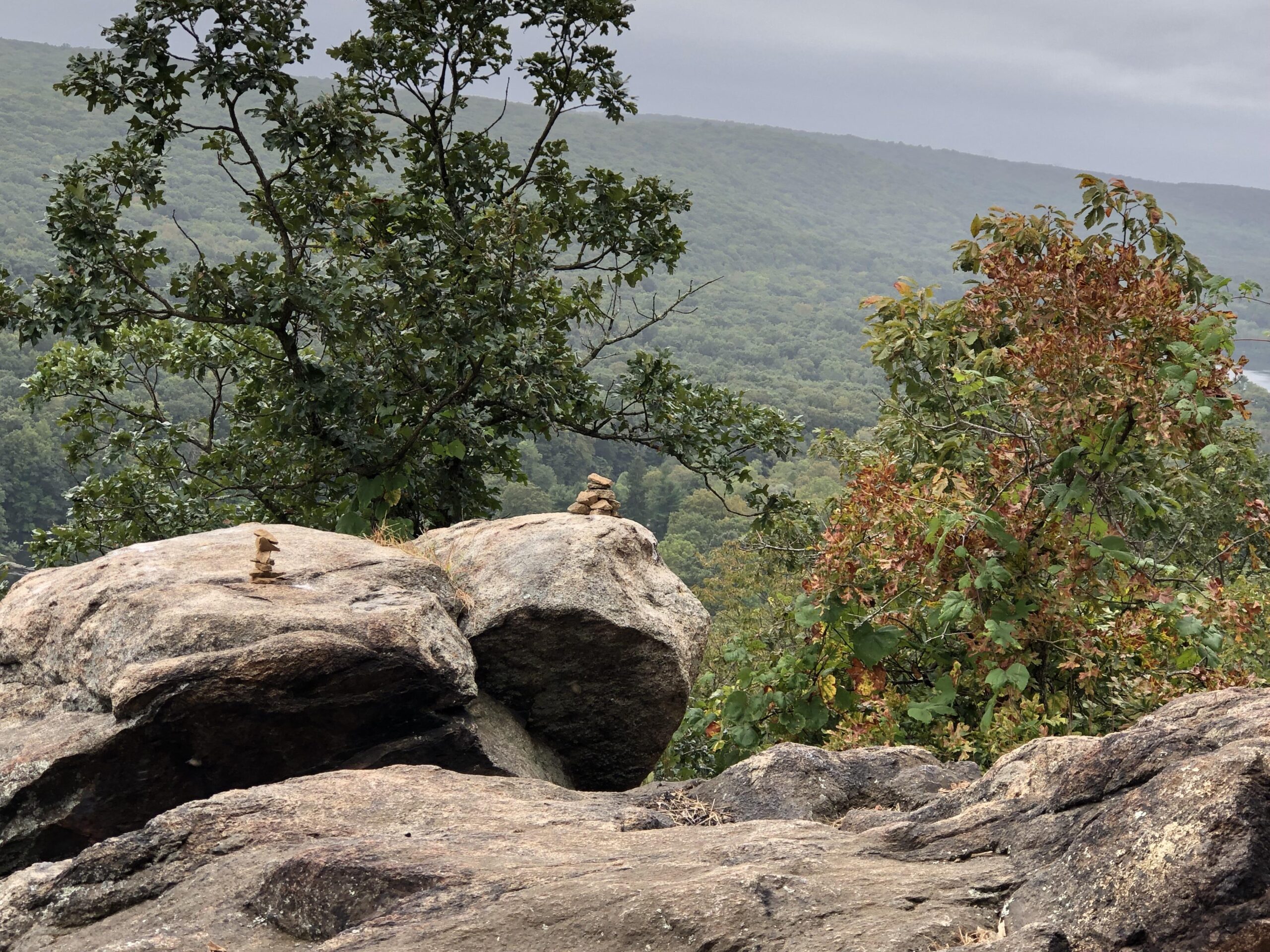Cannondale Foray 1: A scenic view of stacked rocks on a rocky outcrop, surrounded by lush green trees and rolling hills under a cloudy sky.