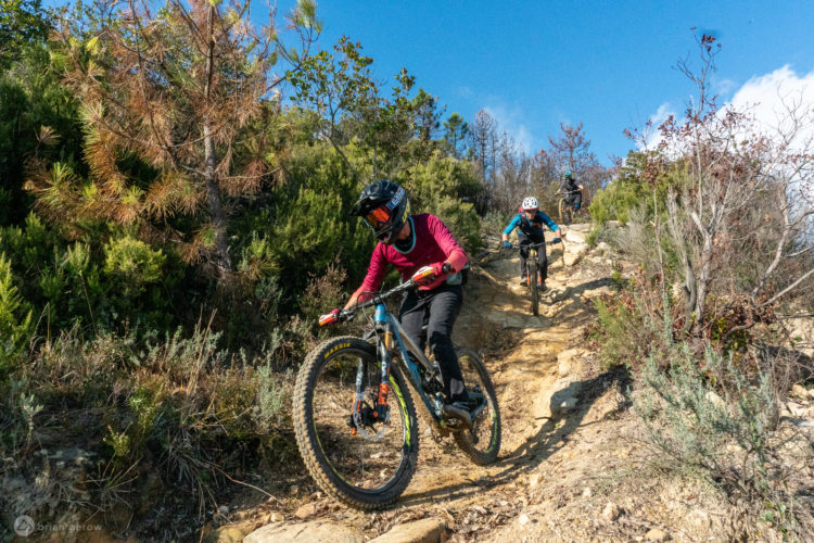 Three mountain bikers navigate a rocky trail surrounded by trees and shrubs on a clear day. One rider in a red shirt and helmet leads downhill, while the others follow closely behind. The terrain is rugged and steep, showcasing the excitement of off-road biking.