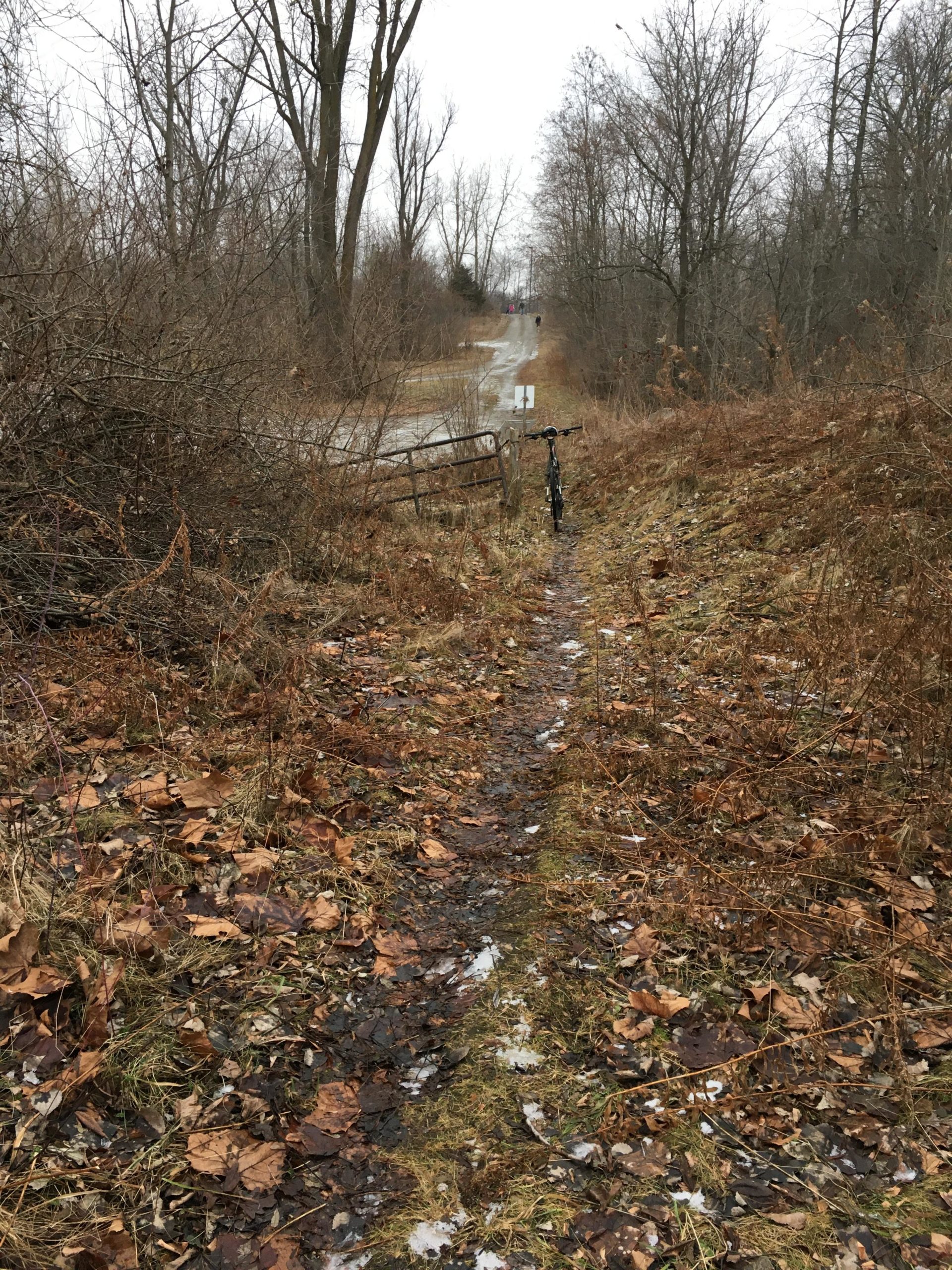 A narrow dirt path lined with dry leaves and grass leads through a wooded area. A bicycle is leaning against a gate at the end of the path, which opens to a gravel road in the distance. The scene is overcast, with trees bare of leaves, indicating winter or early spring. Hardy Rd. Trail mountain bike trail.