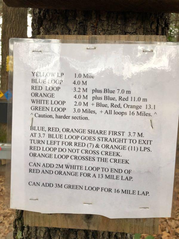 Trail map sign detailing various loop lengths and routes for outdoor activities. The sign includes distances for Yellow Loop (1.0 mile), Blue Loop (4.0 miles), Red Loop (3.2 miles plus Blue 7.0 miles), Orange Loop (4.0 miles plus Blue and Red 11.0 miles), White Loop (2.0 miles plus Blue, Red, and Orange 13.1 miles), and Green Loop (3.0 miles plus all loops for a total of 16 miles). It also includes directional instructions and notes on shared paths and trail crossings. Lakeshore MTB Singletrack mountain bike trail.