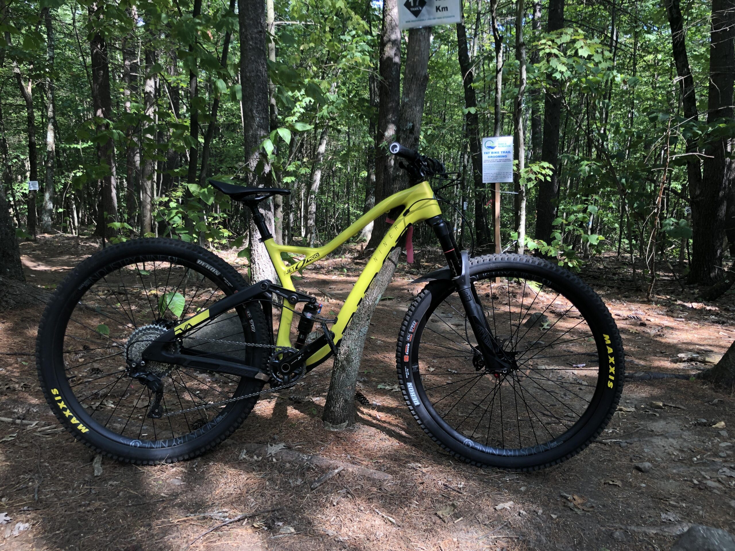 Niner Jet 9 RDO: A yellow mountain bike leaning against a tree, set in a forested area with green foliage and a dirt trail visible in the background.
