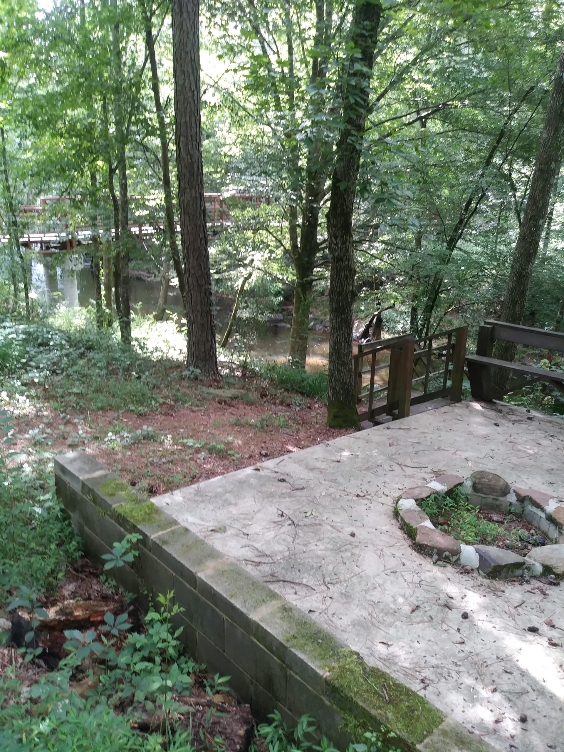 A wooded area featuring a clearing with a circular stone fire pit, surrounded by lush greenery and tall trees. In the background, a small creek can be seen, along with a wooden bridge that crosses it. The scene is bright and inviting, suggesting a peaceful outdoor setting for gatherings or relaxation. Duck River mountain bike trail.