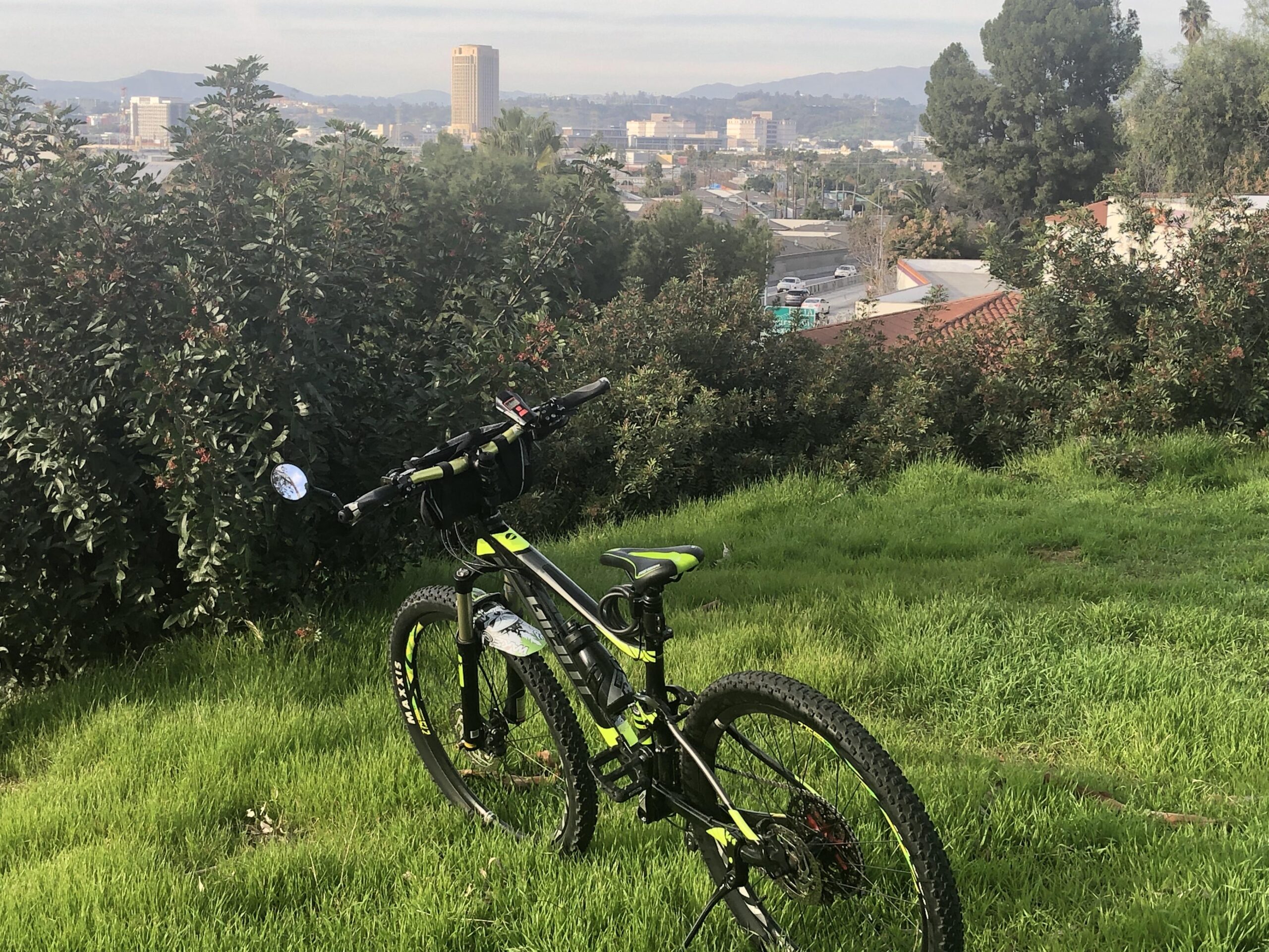 Giant Stance 27.5 2: A mountain bike rests on lush green grass in the foreground, with a view of a city skyline, featuring tall buildings and distant hills in the background.