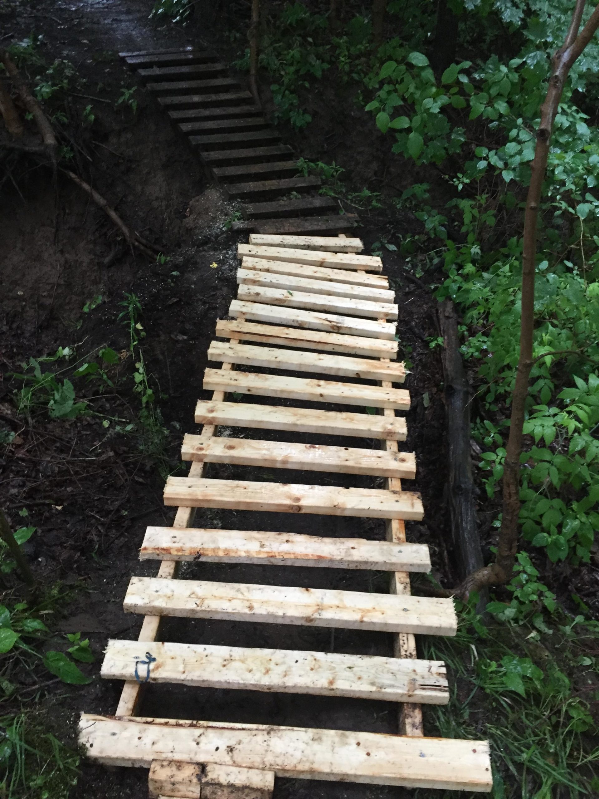 A wooden pallet bridge extending over muddy terrain in a lush, green forest. The bridge is made of stacked wooden slats, leading from one side of a small ravine to the other, surrounded by vegetation and trees. Swance Drain mountain bike trail.