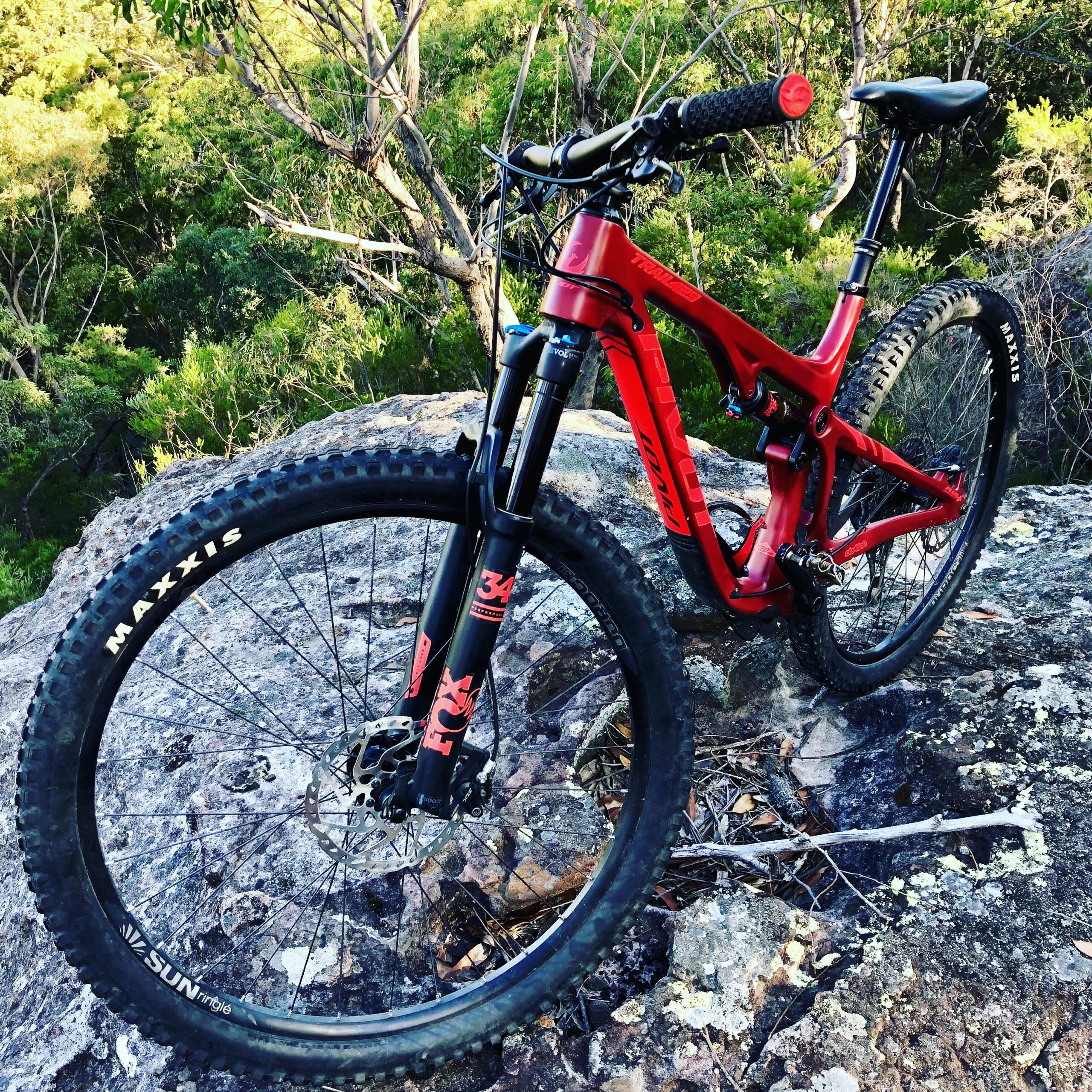 Pivot 429 Trail XT/XTR Pro: A red mountain bike with thick, knobby tires resting on a large rock, surrounded by greenery. The bike features a suspension fork and is positioned in a natural outdoor setting.