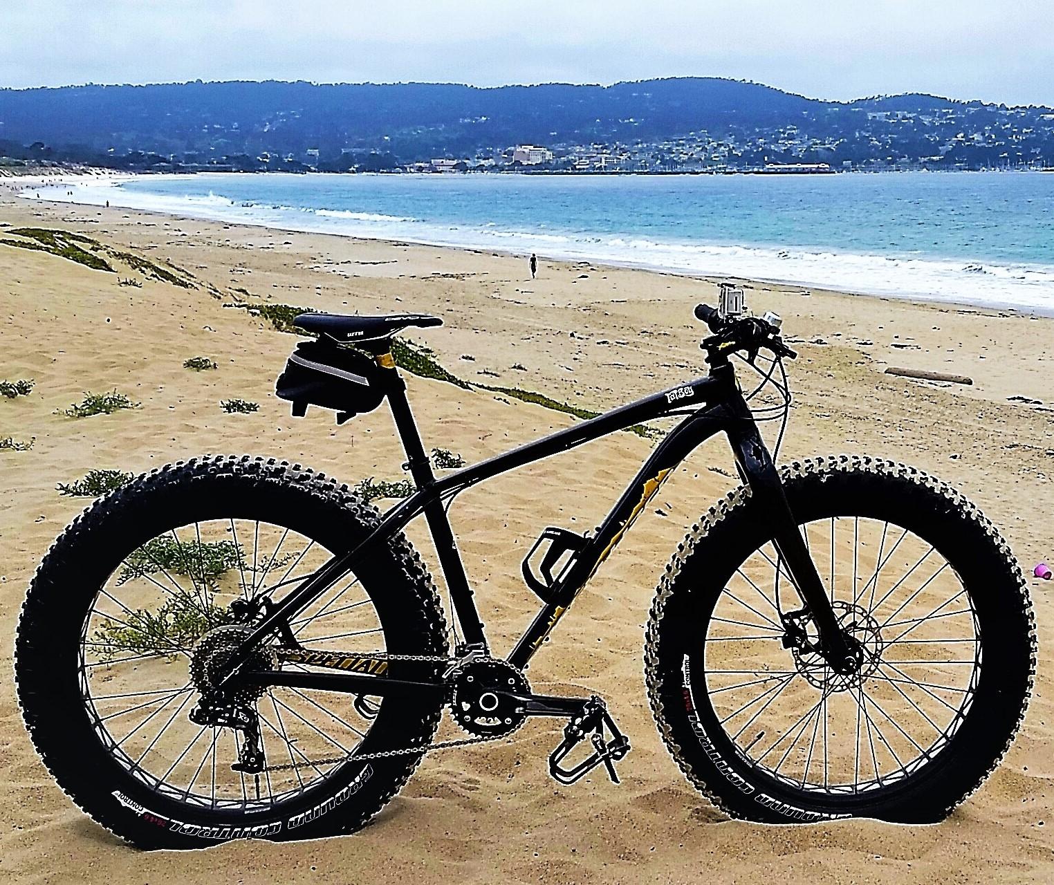 Specialized Fatboy: A black fat bike is parked on sandy beach shoreline, with gentle ocean waves lapping in the background. The bike features wide tires and a sturdy frame, positioned in a way that highlights its design against the coastal scenery. In the distance, people can be seen walking along the beach, with hills and a town visible across the water.