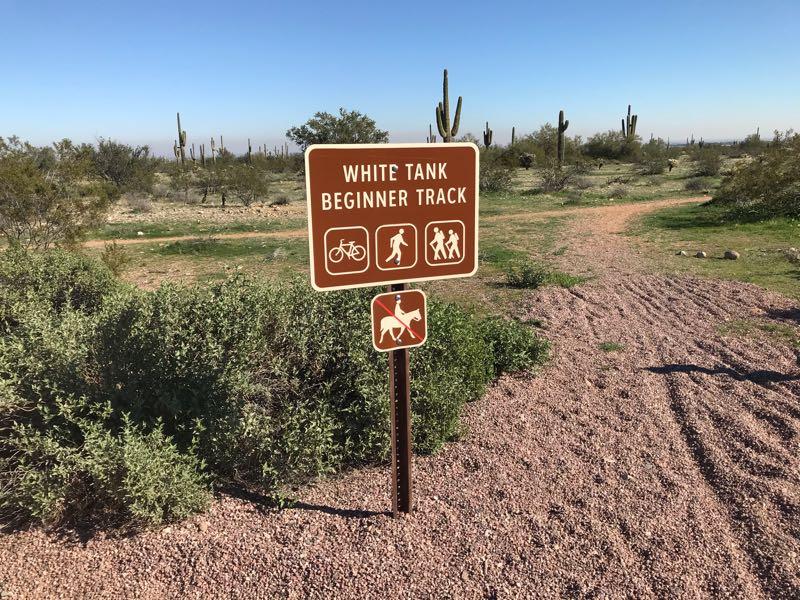 A trail sign for the White Tank Beginner Track, featuring icons for biking, hiking, and horseback riding, set against a desert landscape with cacti and greenery. White Tanks Regional Park Trails mountain bike trail.