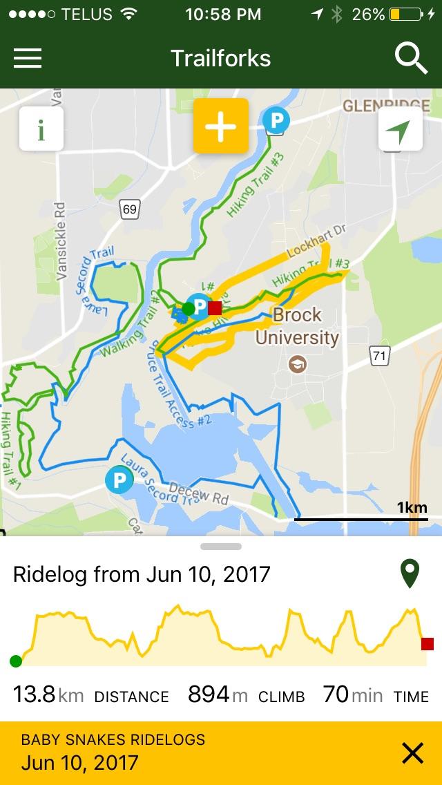 Map displaying a trail route with various paths highlighted in different colors. The image includes a ridelog entry dated June 10, 2017, showing details such as distance (13.8 km), elevation gain (894 m), and time taken (70 minutes). Locations of parking areas and Brock University are also marked.