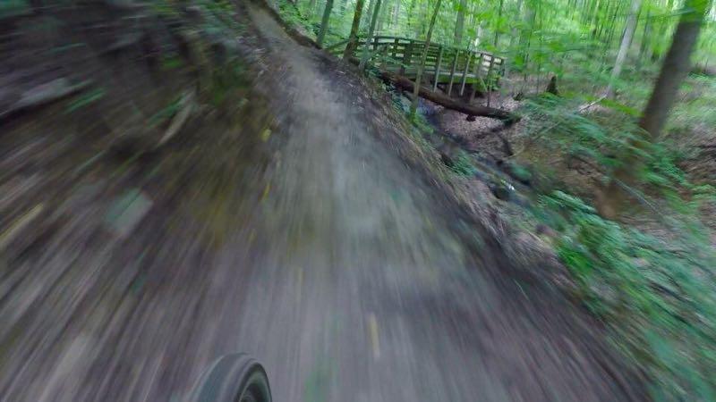 A blurred view of a bike path in a lush forest, with a wooden bridge visible in the background. The image captures the motion of riding through the trail, highlighting the earthy terrain and green foliage surrounding the path. Rosaryville State Park mountain bike trail.