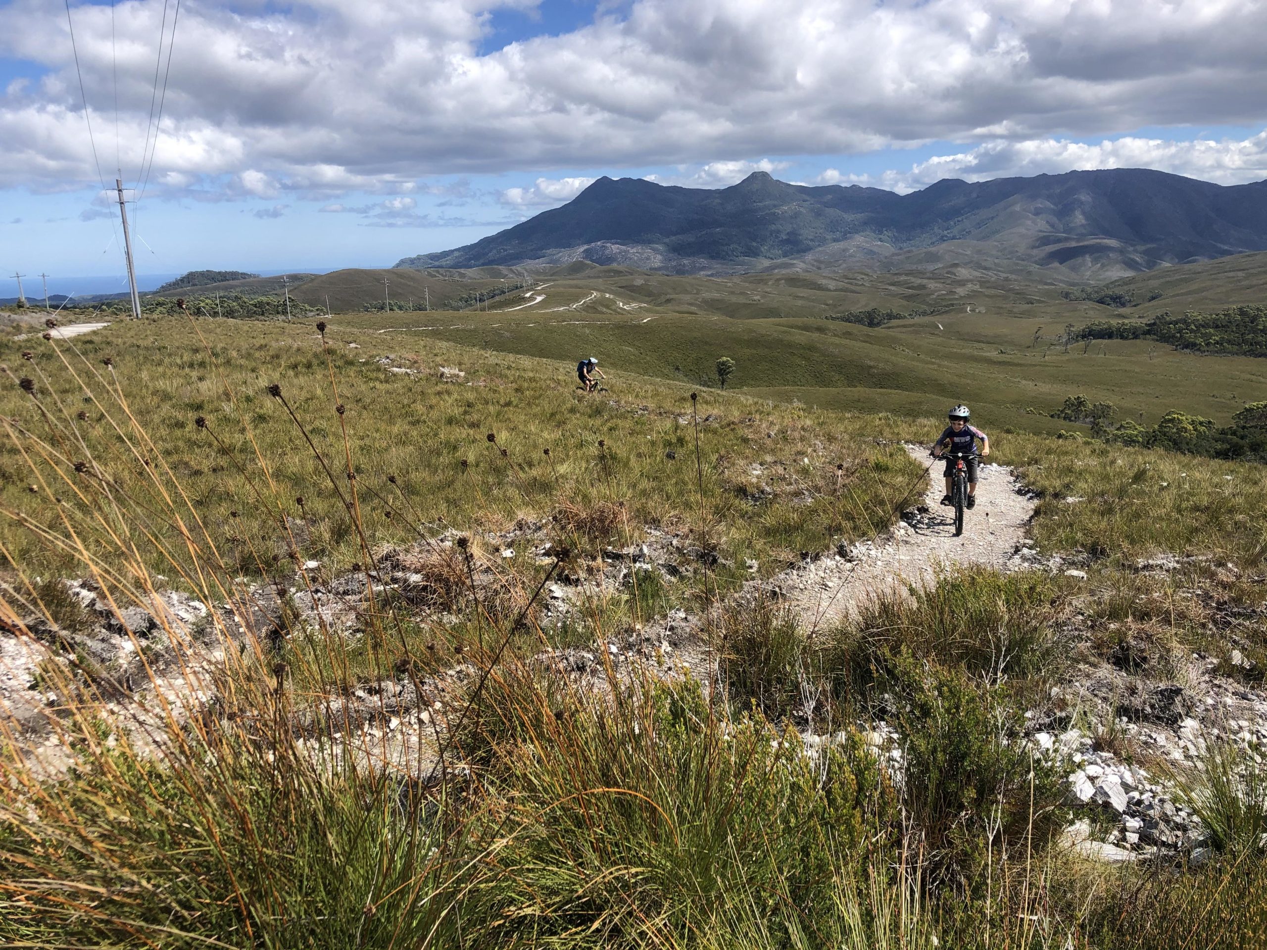 A scenic view of a mountainous landscape with cyclists riding on a gravel trail. The foreground features tall grass and shrubs, while the background showcases rolling hills and mountains under a partly cloudy sky. Power lines stretch across the image, and the ocean can be seen in the distance. Oonah Hill mountain bike trail.