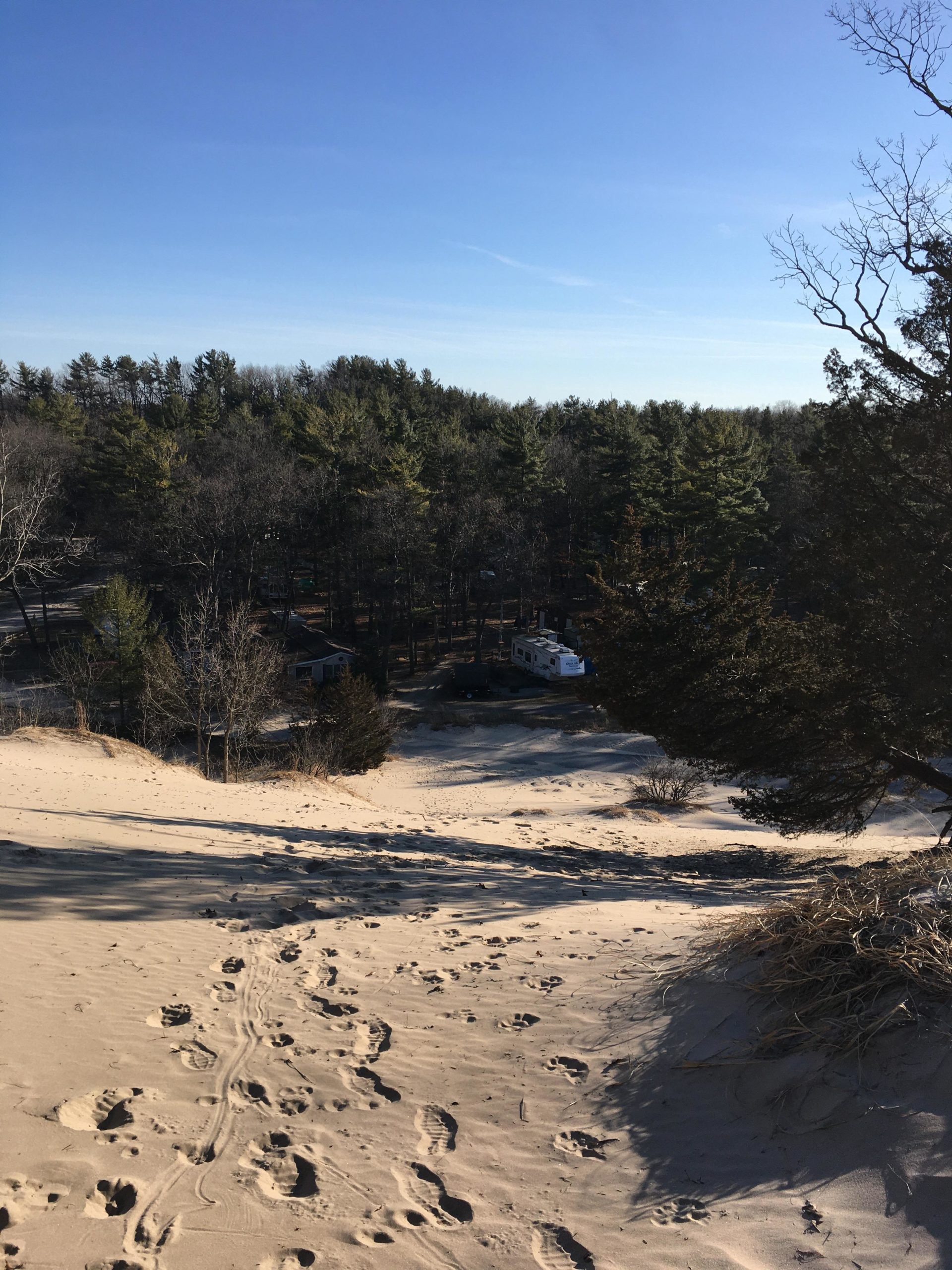 A sandy dune descends toward a wooded area, with footprints leading downwards. In the background, a cluster of tall pine trees can be seen, along with parked recreational vehicles peeking through the foliage. The sky is clear and blue, indicating a sunny day. Lambton County Heritage Forest mountain bike trail.