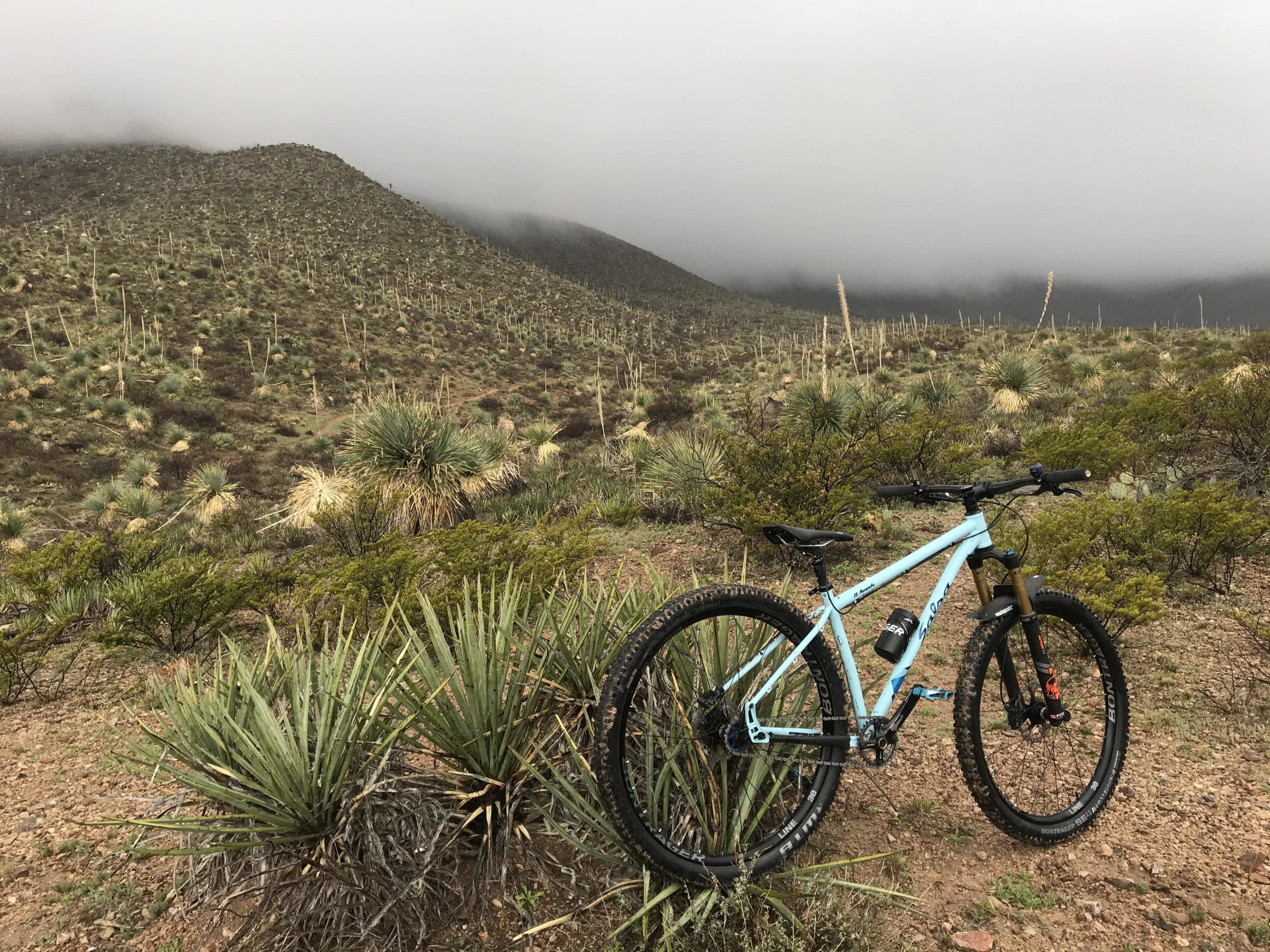 A mountain bike leaning against a rocky landscape covered with low vegetation and cacti, under a cloudy sky. The background features rolling hills shrouded in mist. Franklin Mountain State Park mountain bike trail.