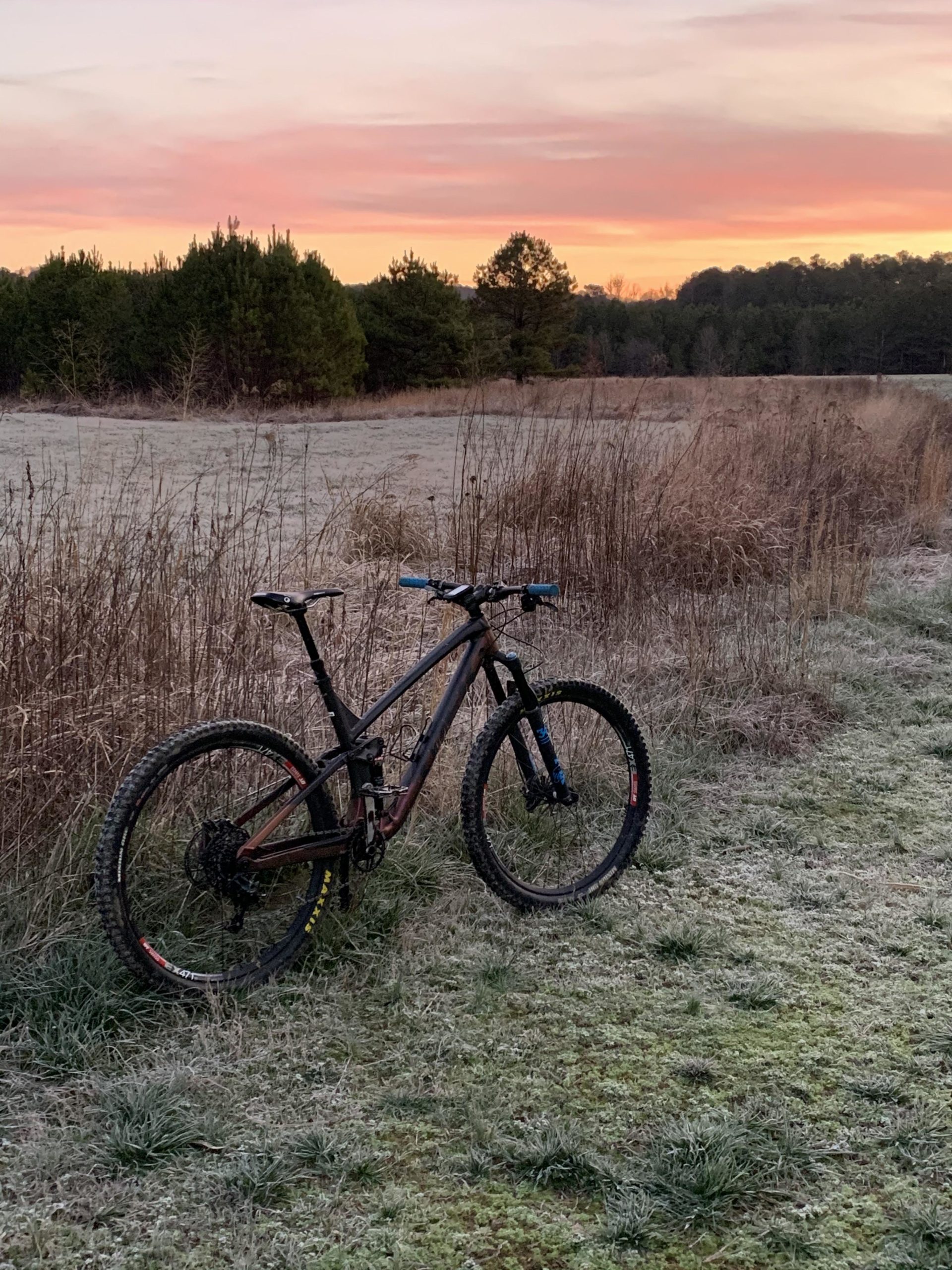 A mountain bike stands on a frosty grassy field, surrounded by tall grasses and trees. The sky features hues of pink and orange as the sun sets in the background, creating a serene outdoor atmosphere. Allatoona Creek Park mountain bike trail.