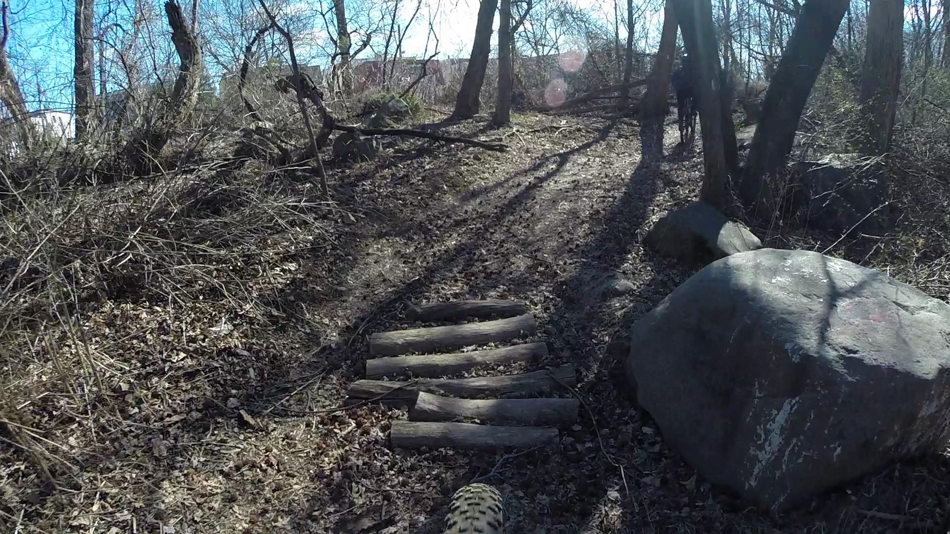A narrow forest path with wooden logs serving as a bridge over a small uneven area. The ground is covered with dried leaves, and there are large rocks and scattered branches around. In the background, trees with sparse branches and a clear blue sky are visible. Richmond Avenue and Forest Hill road mountain bike trail.