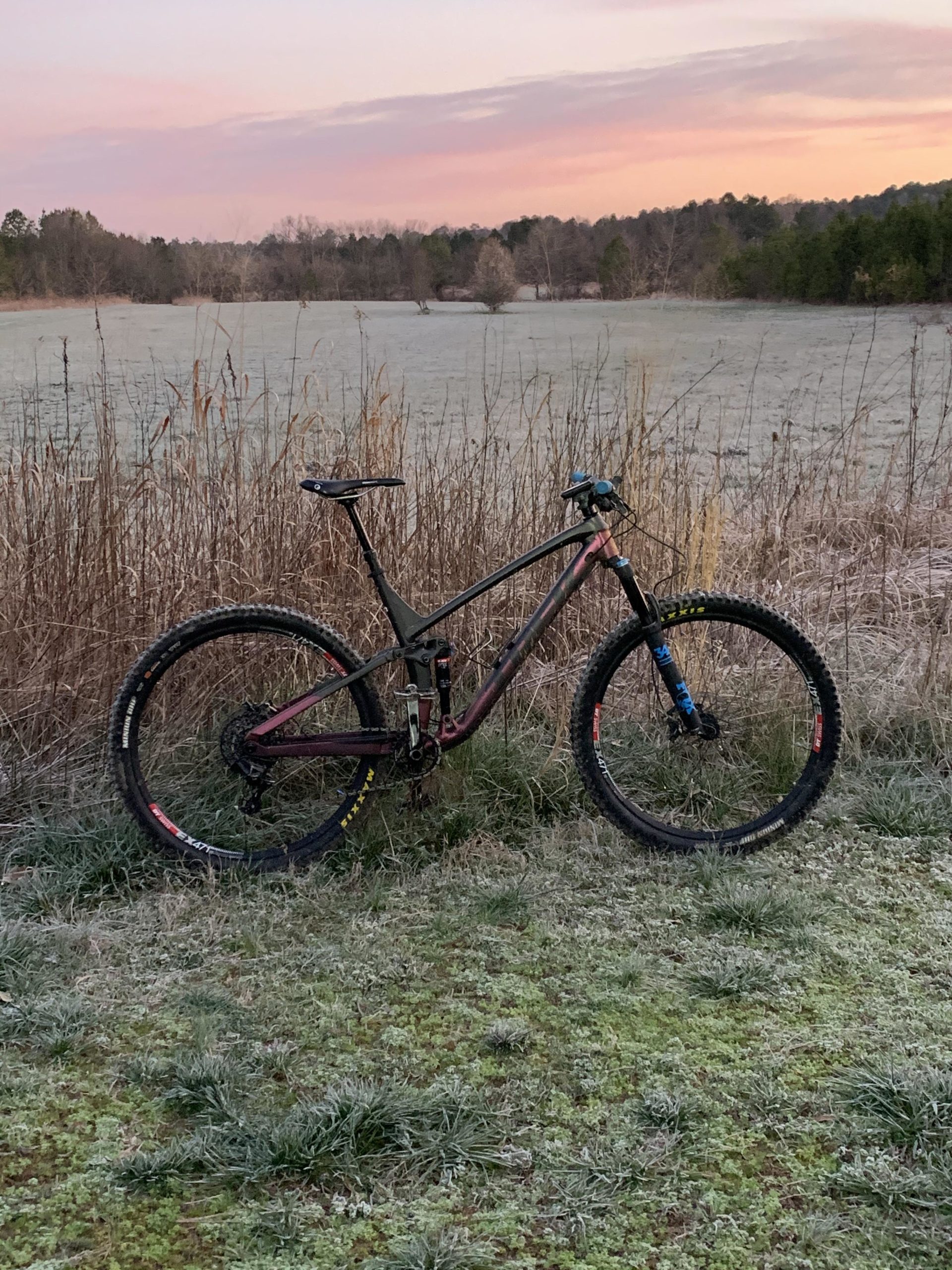 A mountain bike leaning against tall grass in a frosty field, with a colorful sunset sky in the background. Allatoona Creek Park mountain bike trail.