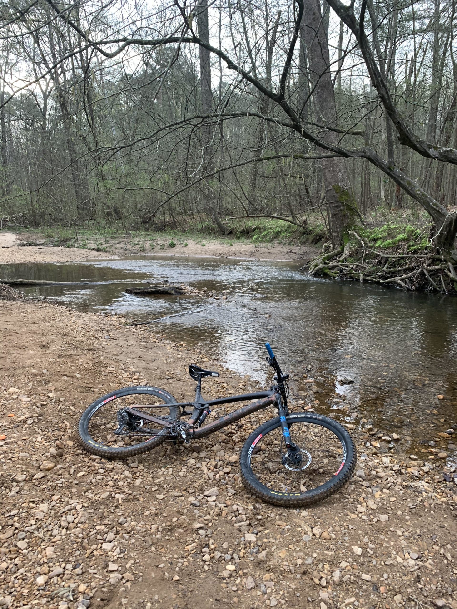 A mountain bike is leaning on the ground near a calm stream, surrounded by a forest with bare trees and lush greenery. The scene captures a serene outdoor setting ideal for biking and nature exploration. Blankets Creek mountain bike trail.