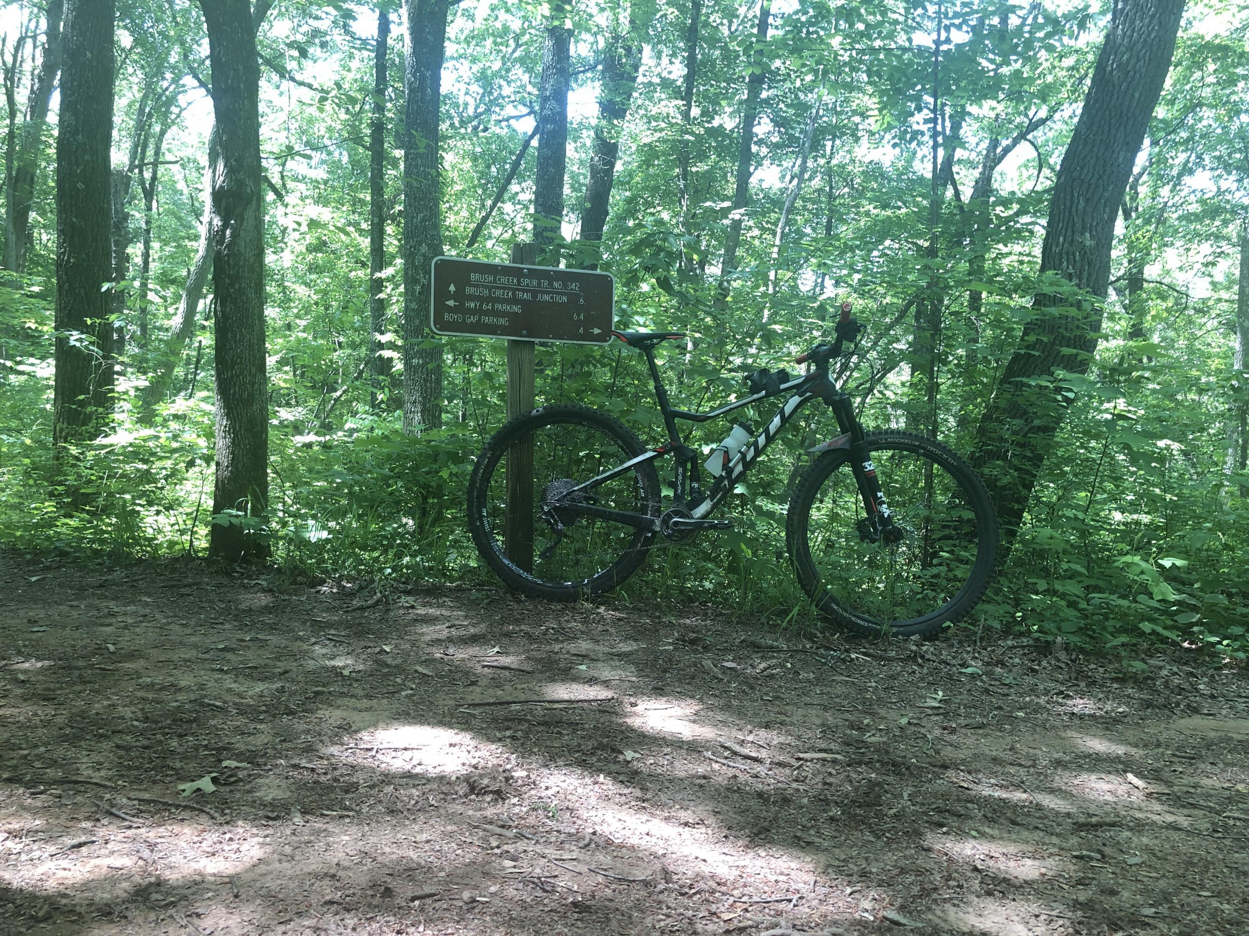 Scott Spark 950: A mountain bike parked beside a trail sign surrounded by dense greenery in a forested area. The sign indicates directions and distances to various trails and parking areas. Sunlight filters through the trees, creating a dappled light effect on the forest floor.
