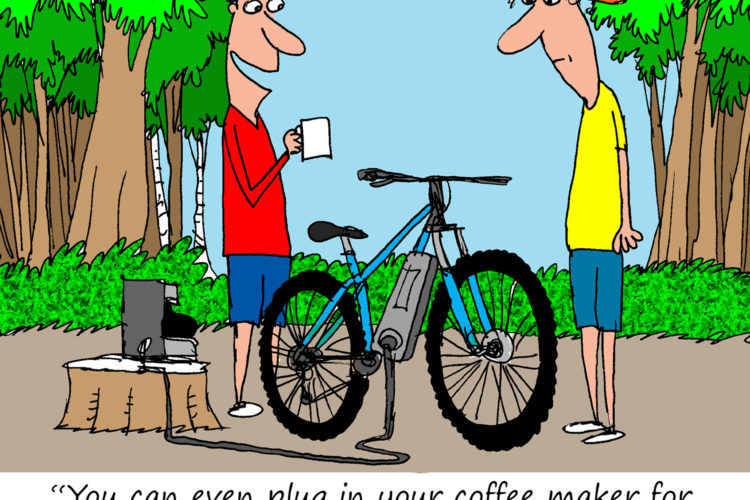 A cartoon depicting two characters in a forest setting. One character, wearing a red shirt, is smiling and holding a cup while standing next to a bicycle connected to a coffee maker. The other character, in a yellow shirt, looks uncertain. The caption reads, "You can even plug in your coffee maker for bikepacking."