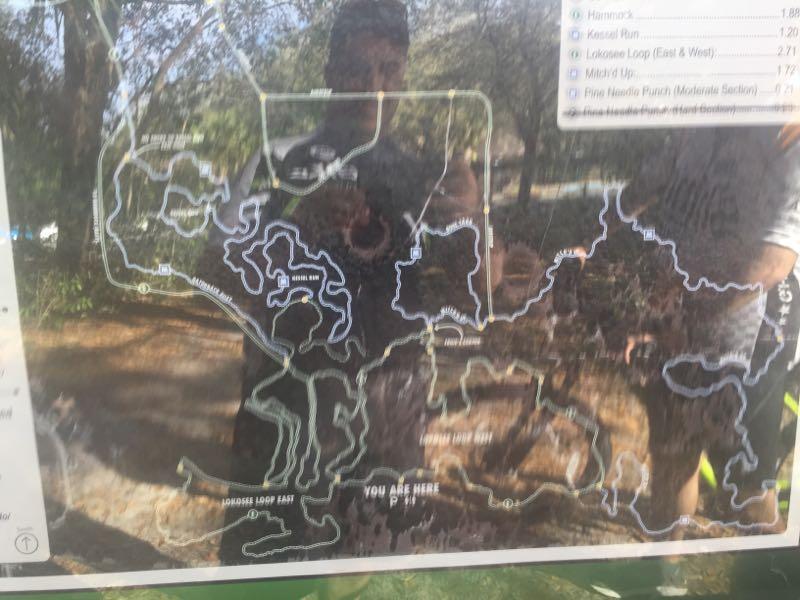 Map of a trail system, showing various paths and loops labeled with distances. The marker "YOU ARE HERE" indicates the current location within the park. The map includes trails such as Hammock, Kessal Run, and Lokeslee Loop, with noted distance along each trail. Seminole Wekiva Markham Road Trail mountain bike trail.
