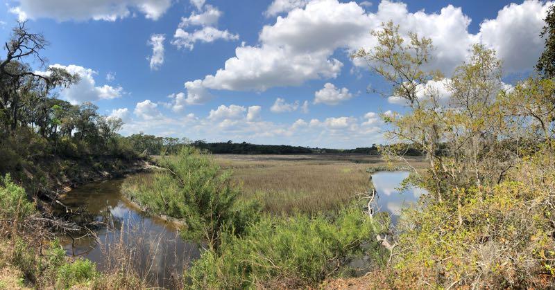 A panoramic view of a serene wetland area, featuring a calm river flowing through lush green vegetation. The landscape is dotted with trees and shrubs, under a bright blue sky adorned with fluffy white clouds. The scene captures the beauty of nature with a mix of water and grasslands, providing a tranquil atmosphere. Moses Creek mountain bike trail.