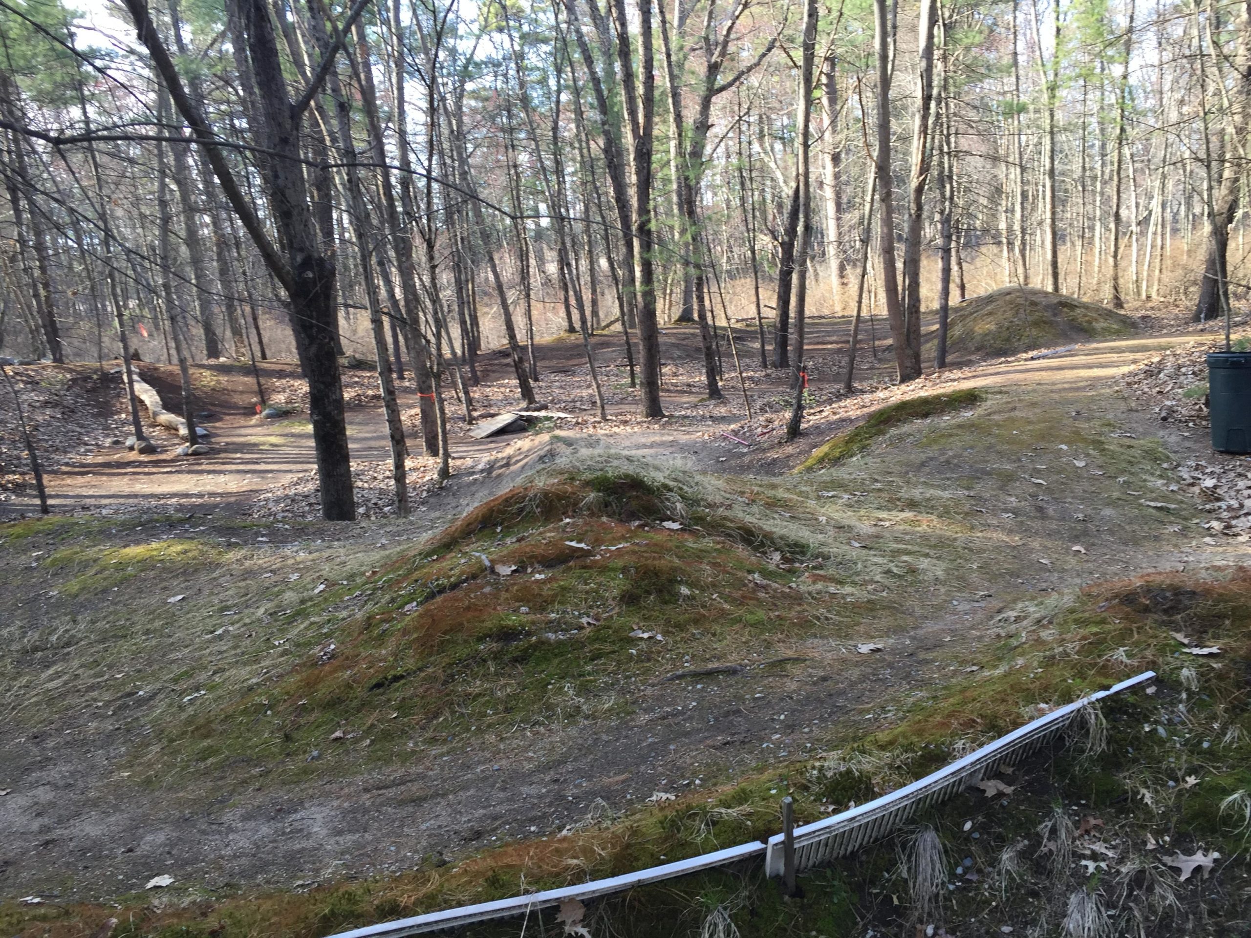A dirt path winding through a wooded area, with small hills and mounds covered in grass and leaves. The scene includes sparse trees in a clearing, and a trash bin is visible in the background. The ground shows signs of use, suggesting it's a trail for biking or walking. Hitchinpost Greens mountain bike trail.
