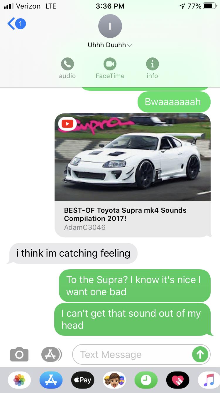 Trek Roscoe 8: A smartphone screen displaying a text message conversation about a Toyota Supra car. The messages express excitement about needing to have one and references a YouTube video titled "BEST-OF Toyota Supra mk4 Sounds Compilation 2017!" featuring the car. The image includes a video thumbnail of a white Toyota Supra parked on a race track.
