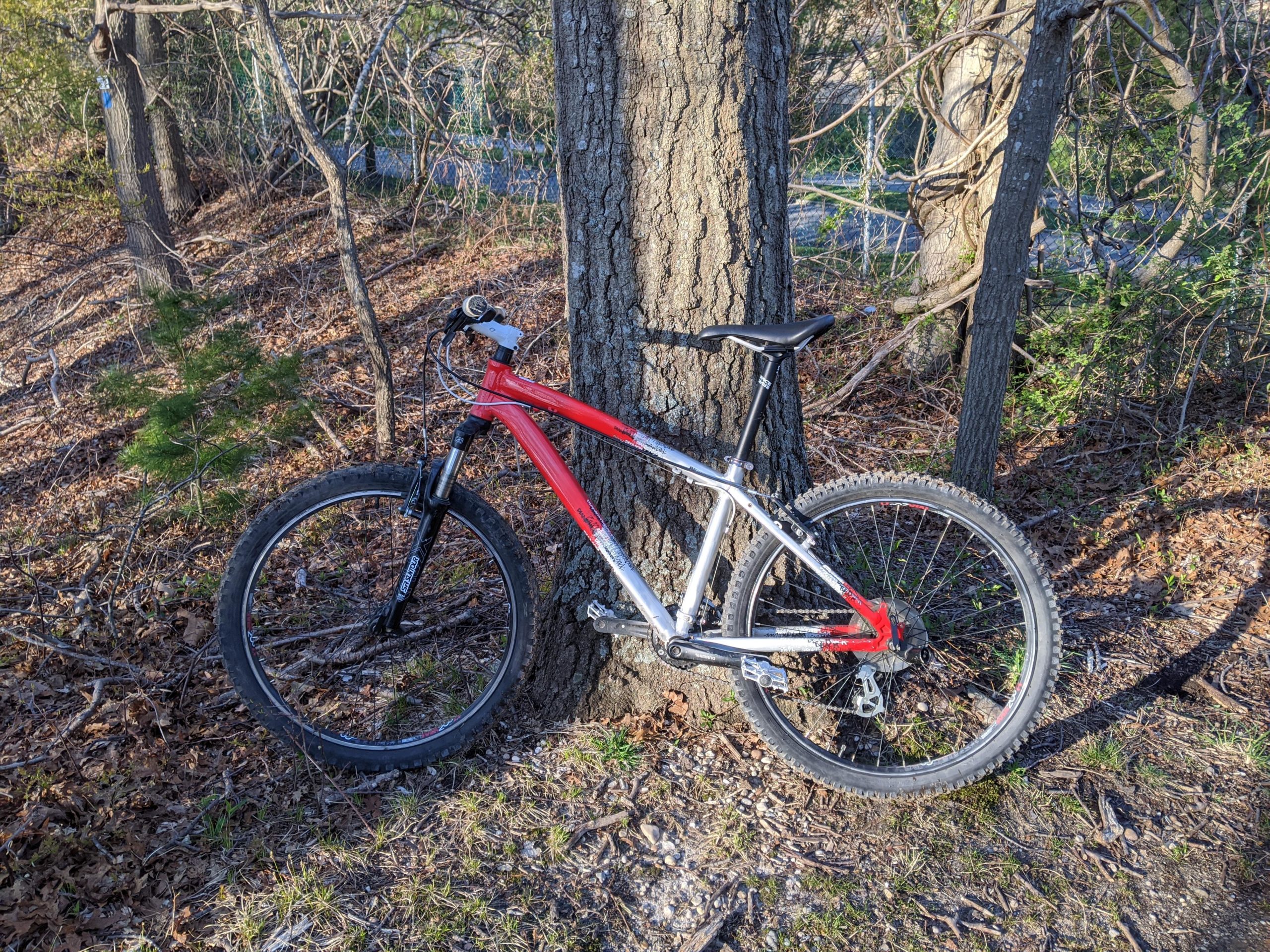 A mountain bike with a red and silver frame leaning against a tree in a wooded area, surrounded by fallen leaves and branches. Glacier 8 (Hidden Pond Park) mountain bike trail.