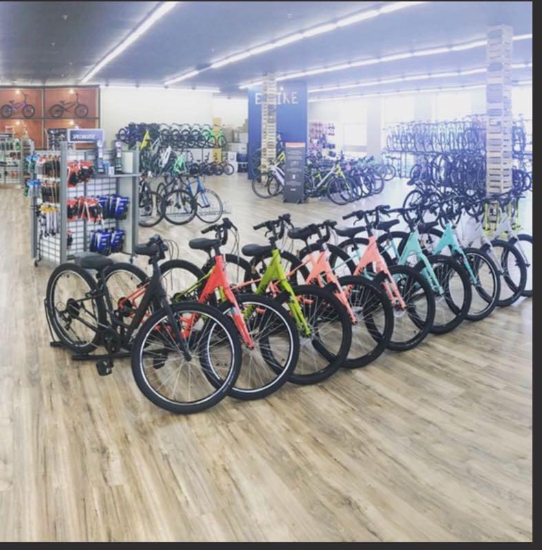 A spacious bicycle shop displaying a variety of bicycles in different colors, including black, pink, green, and blue. The interior features wooden flooring and well-organized racks of accessories, with additional bicycles in the background. Bright lighting enhances the modern, inviting atmosphere.