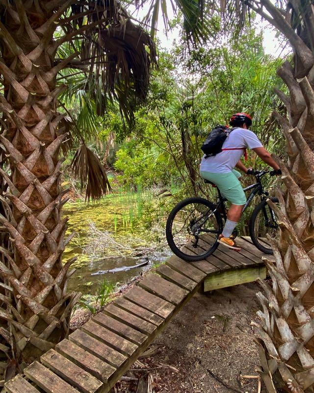 A person riding a mountain bike on a narrow wooden bridge surrounded by lush greenery and palm trees, with a small body of water visible to the side. The cyclist is wearing a helmet, a white t-shirt, and light green shorts, navigating through a natural, tropical trail. Mala Compra mountain bike trail.