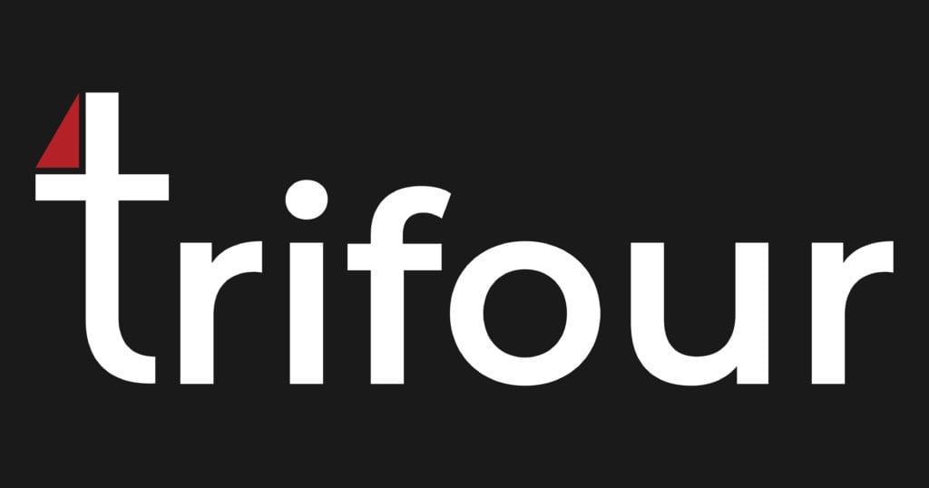 Logo design featuring the word "trifour" in white text on a black background, with a stylized red and white numeral "4" integrated into the design.