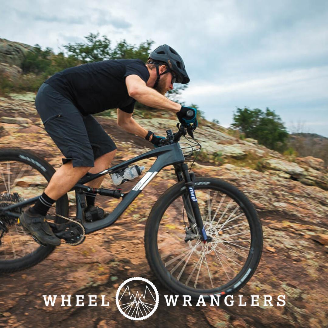 A mountain biker riding aggressively down a rocky trail, wearing a helmet and protective gear, with a focus on maintaining balance and control on the bike. The landscape features rugged terrain and sparse vegetation under a cloudy sky. The logo "WHEEL WRANGLERS" is prominently displayed at the bottom of the image.