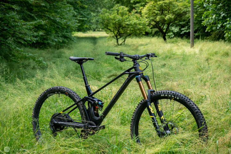 A mountain bike is positioned on a grassy trail surrounded by dense greenery. The bike features a sleek black frame with gold accents on the front fork, and it has rugged, knobby tires designed for off-road terrain. Sunlight filters through the trees in the background, creating a vibrant and natural atmosphere.