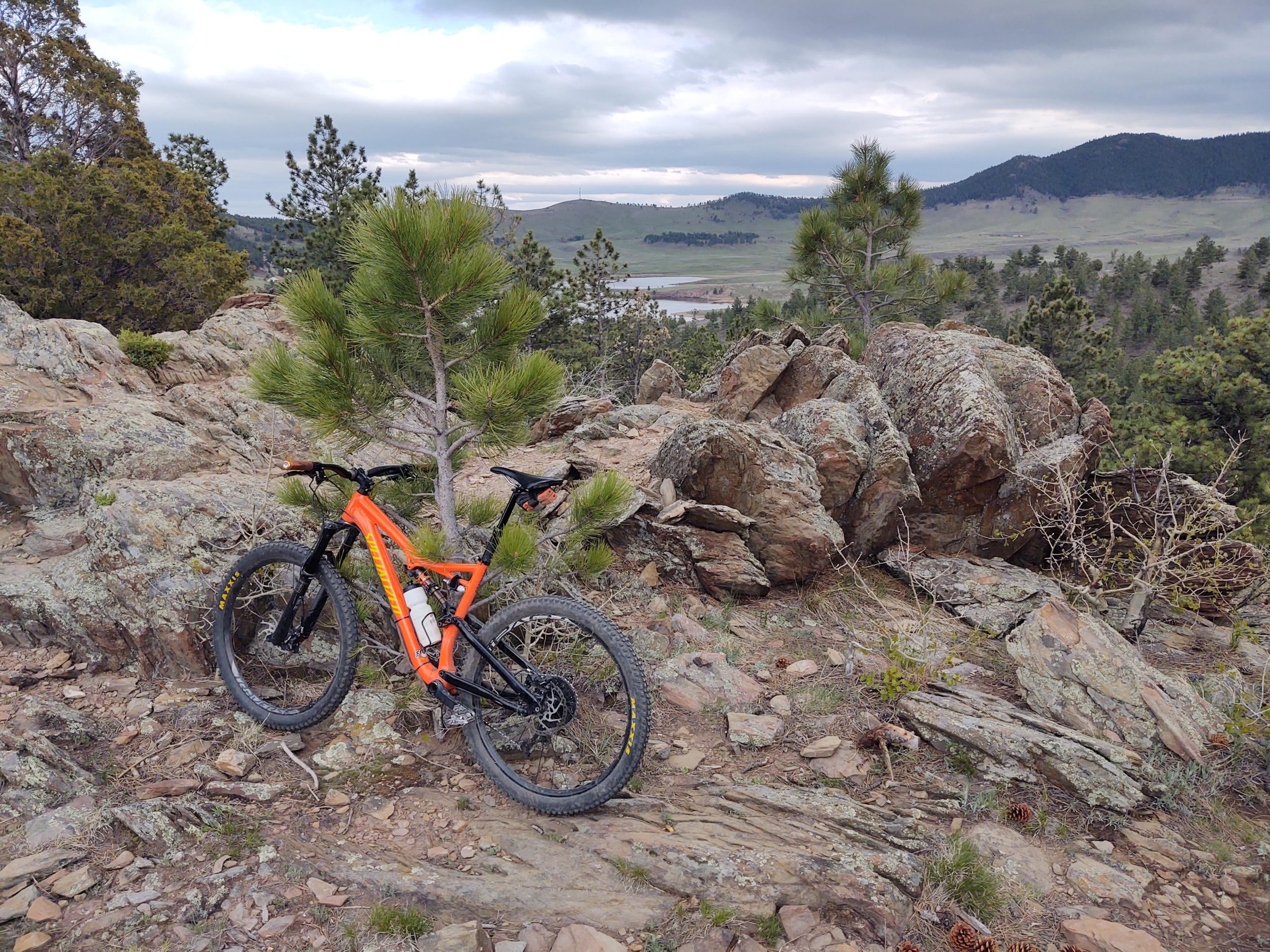 A bright orange mountain bike leaning against a small pine tree near rocky terrain, with a vast landscape of hills and trees in the background under a cloudy sky. Pinewood Reservoir mountain bike trail.